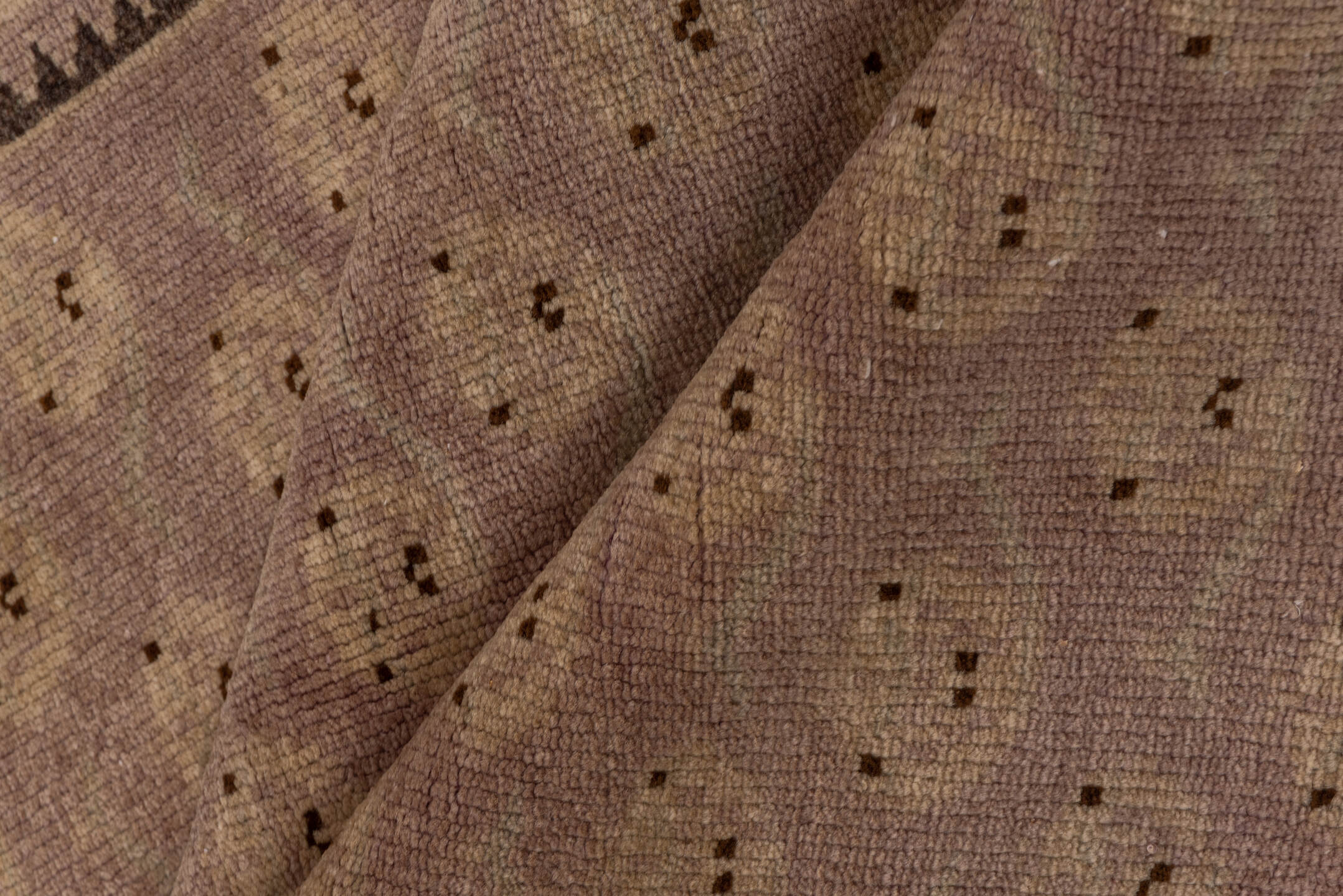 4' x 10' one-of-a-kind handmade vintage Oushak runner rug. Color palette: brown, gray, light gray, off-white, pink, snow