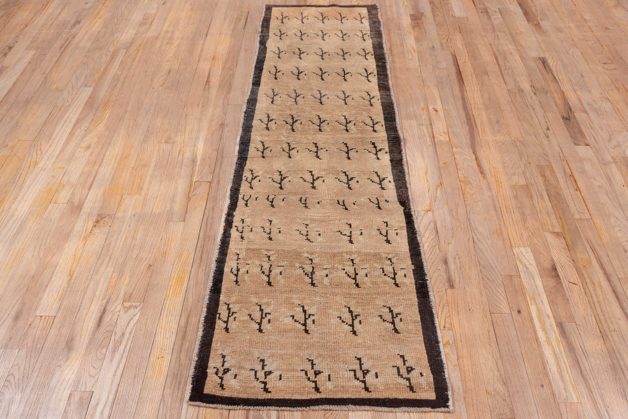 2' x 7' one-of-a-kind handmade vintage Oushak runner rug. Color palette: black, brown, gray, light gray, off-white, pink