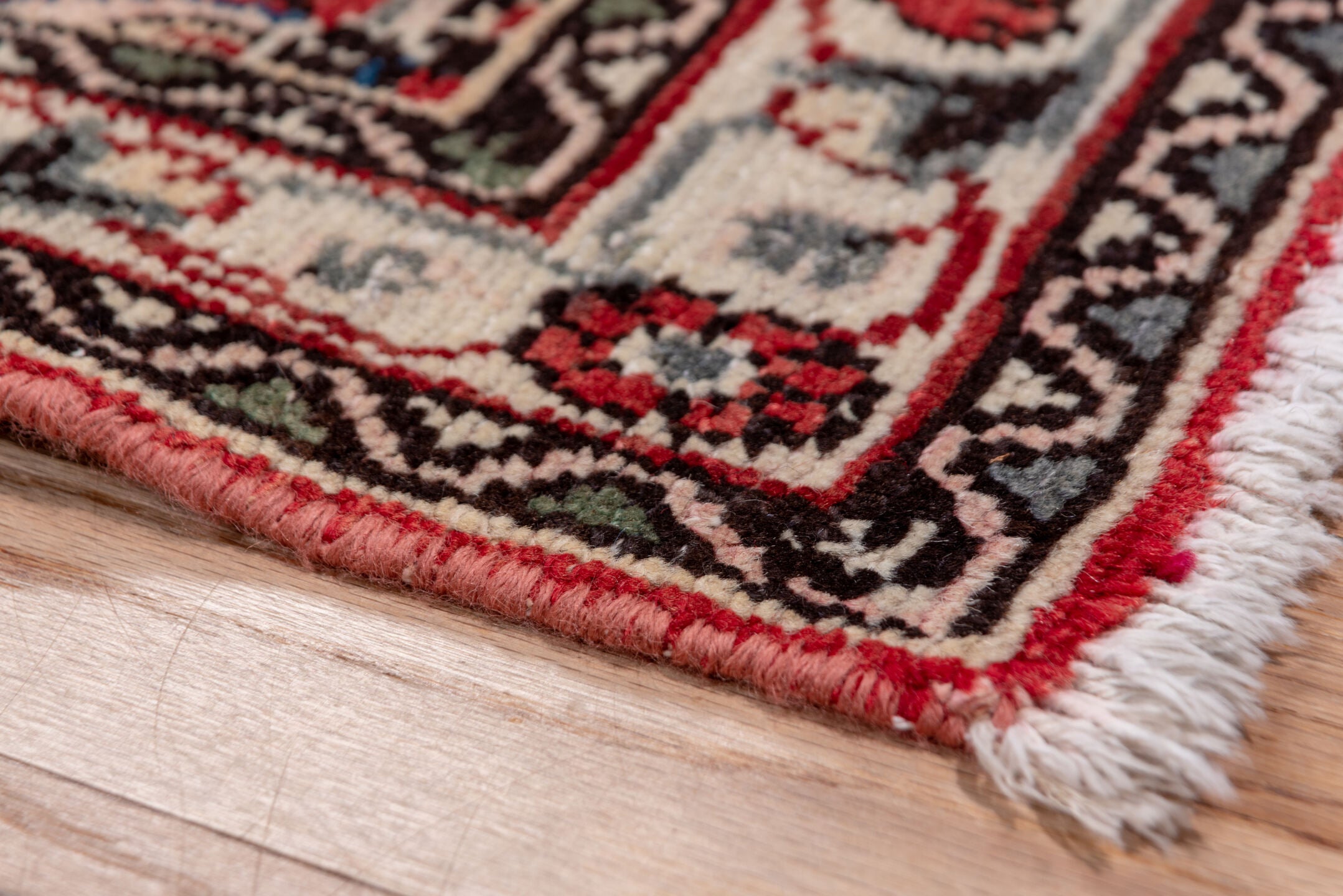 2' x 40' one-of-a-kind handmade vintage Dargazin runner rug. Color palette: brown, gray, off-white, pink, red, snow, white