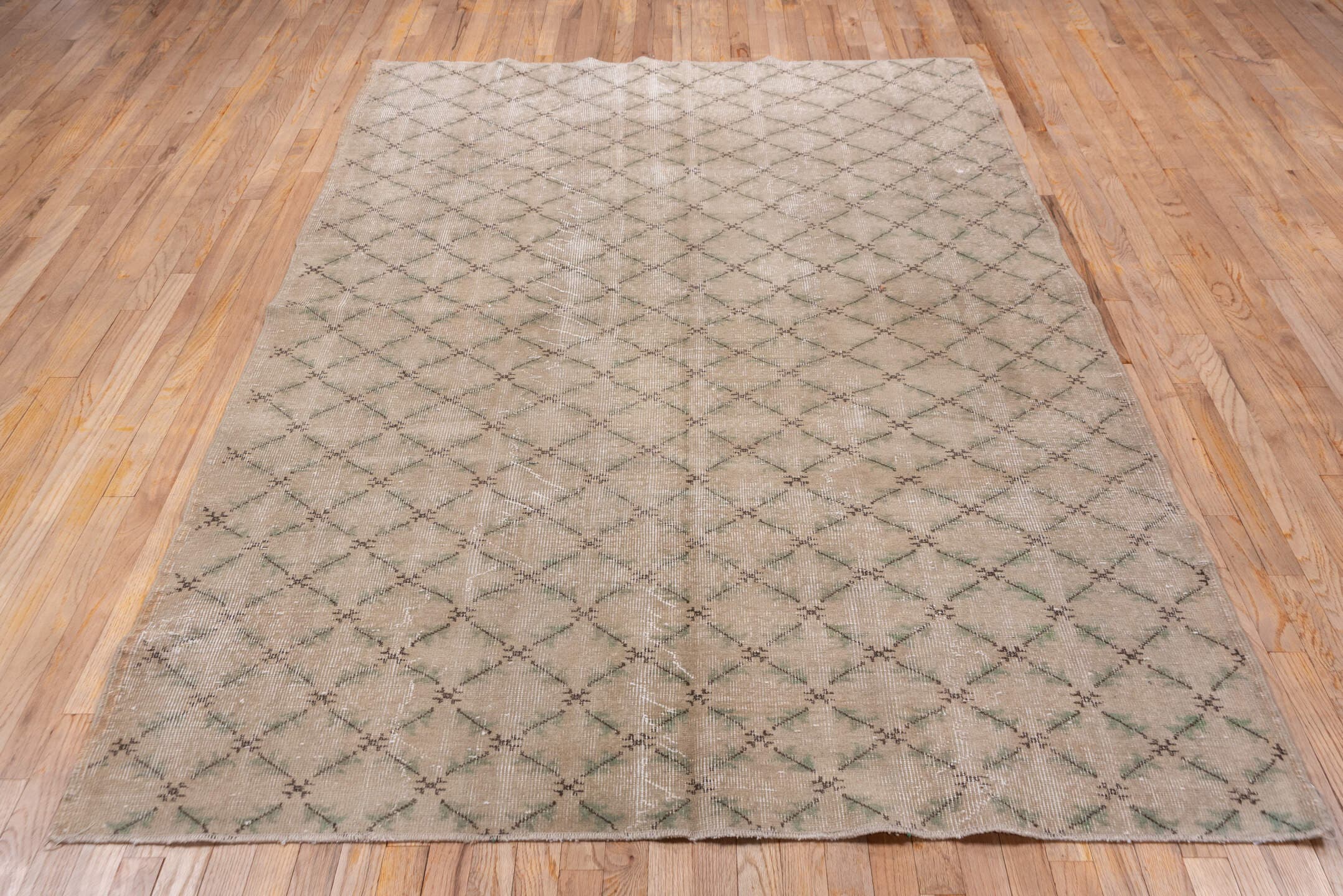 5' x 8' one-of-a-kind handmade vintage Konya medium size rug. Color palette: taupe, beige, charcoal, sage, ivory, gray
