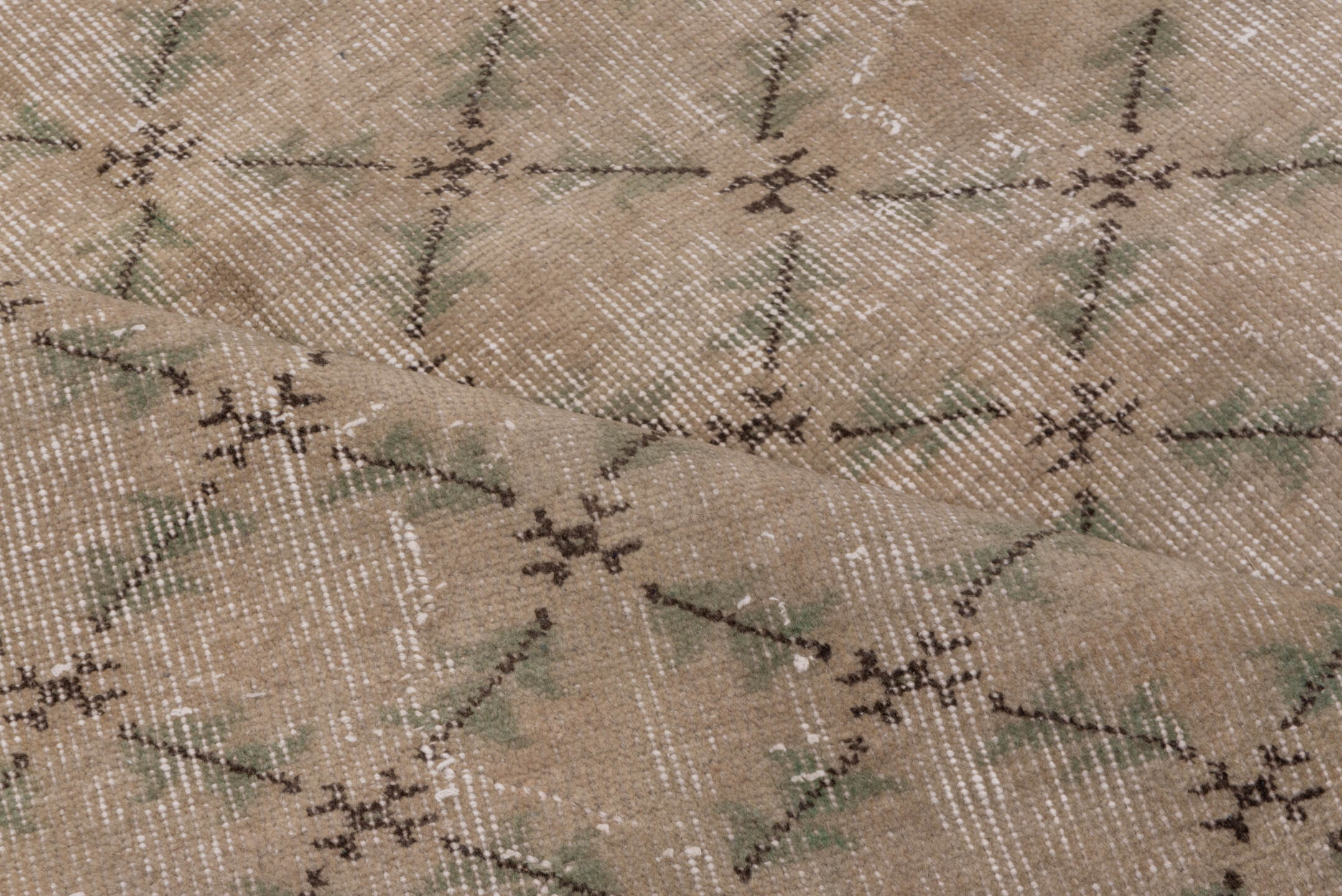 5' x 8' one-of-a-kind handmade vintage Konya medium size rug. Color palette: taupe, beige, charcoal, sage, ivory, gray