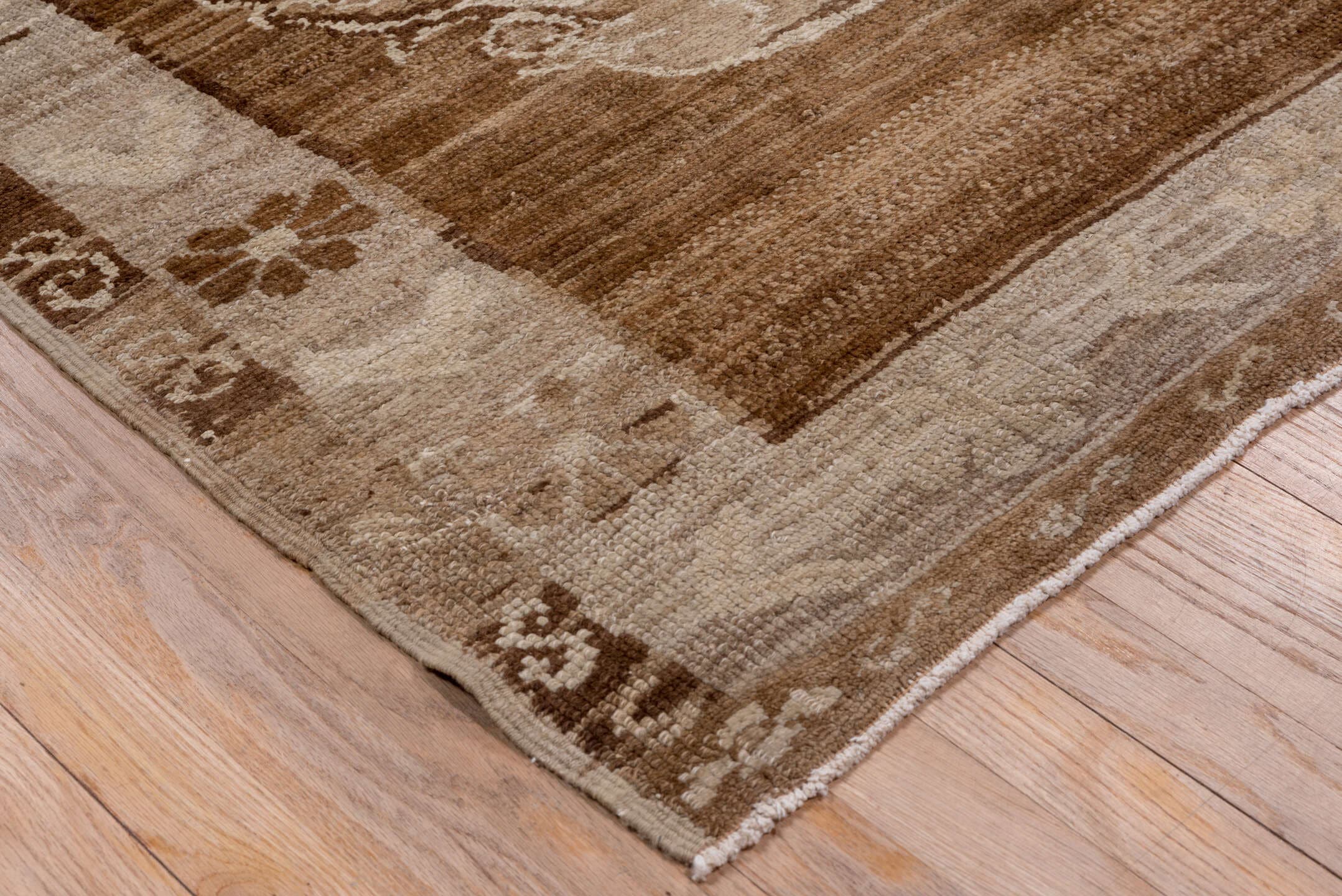 7' x 9' one-of-a-kind handmade vintage Oushak rug. Color palette: brown, taupe, ivory, beige, camel, gray