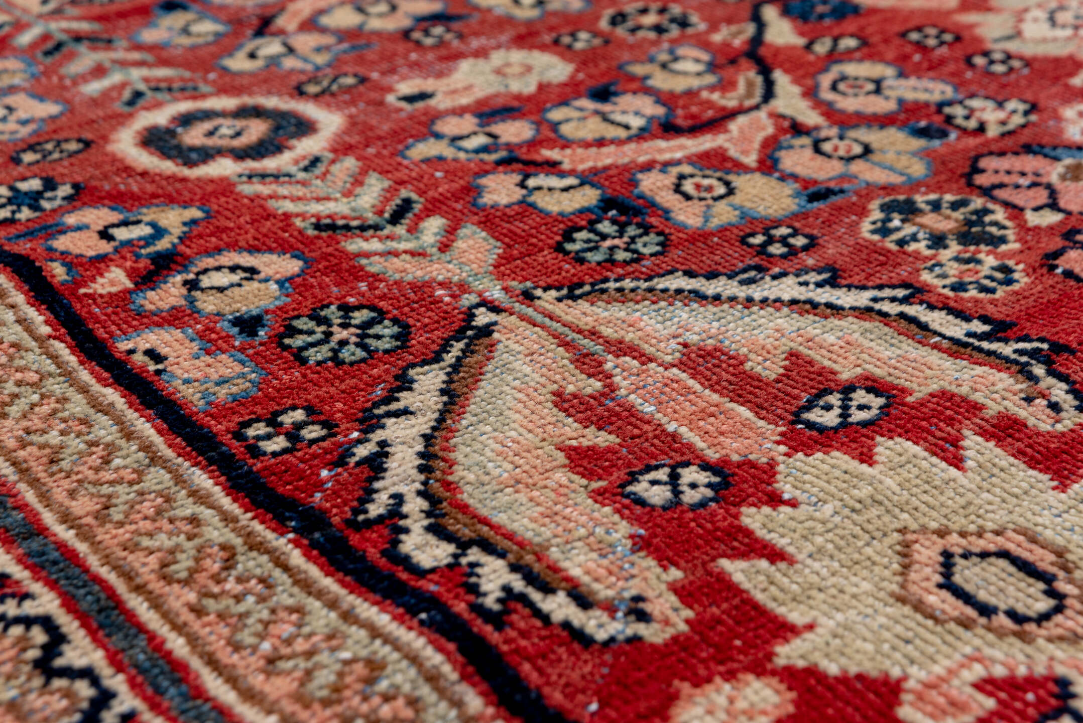 11' x 17' one-of-a-kind handmade vintage Mahal oversize rug. Color palette: black, blue, brown, charcoal, fiord, gray