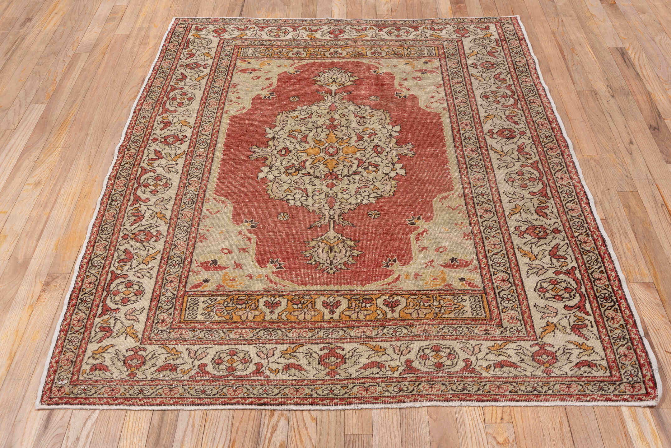 4' x 6' one-of-a-kind handmade vintage Oushak small size rug. Color palette: ivory, terra cotta, rust, gold, camel, sage