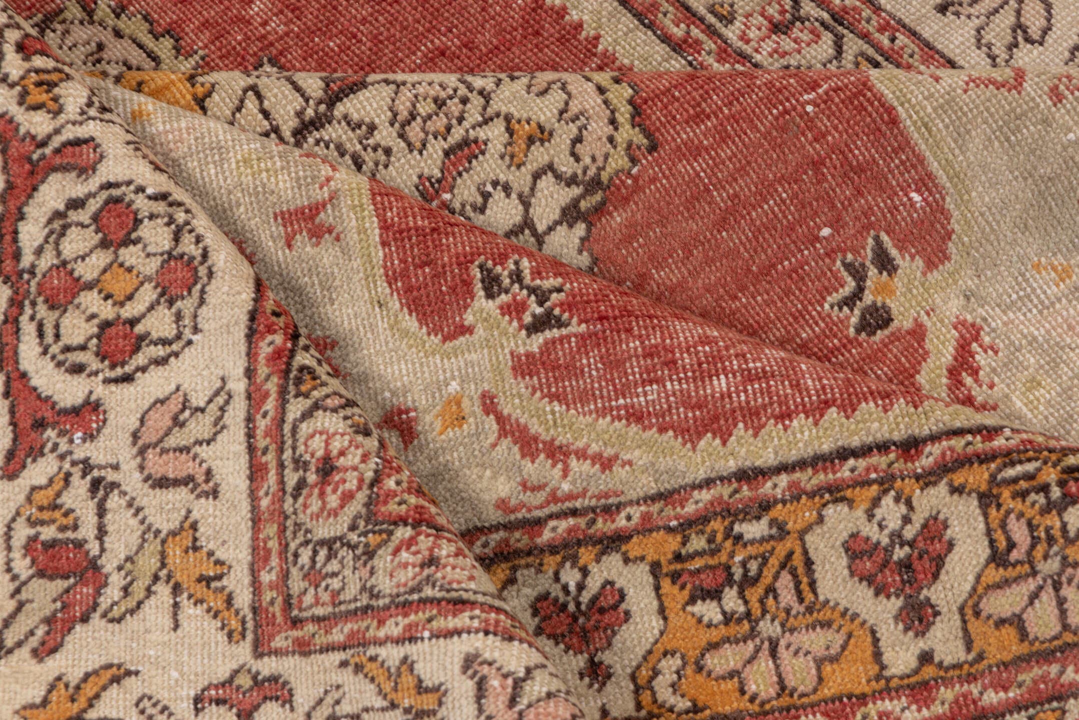 4' x 6' one-of-a-kind handmade vintage Oushak small size rug. Color palette: ivory, terra cotta, rust, gold, camel, sage