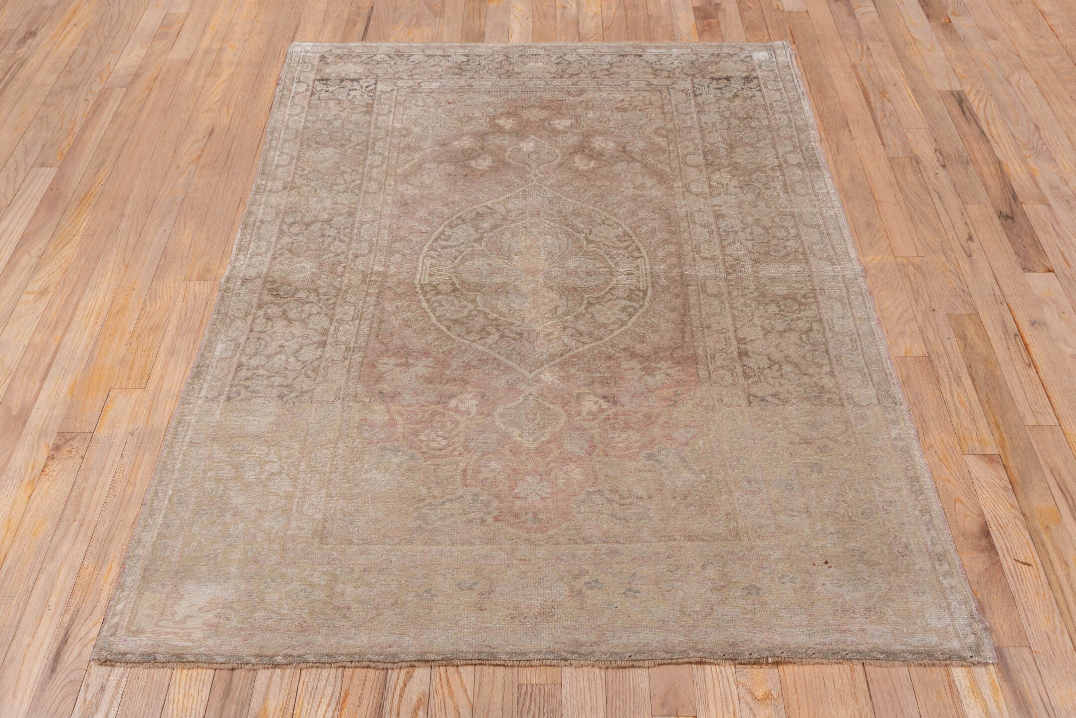 4' x 6' one-of-a-kind handmade vintage Oushak small size rug. Color palette: ivory, blush, taupe, beige, sand, rose, pink