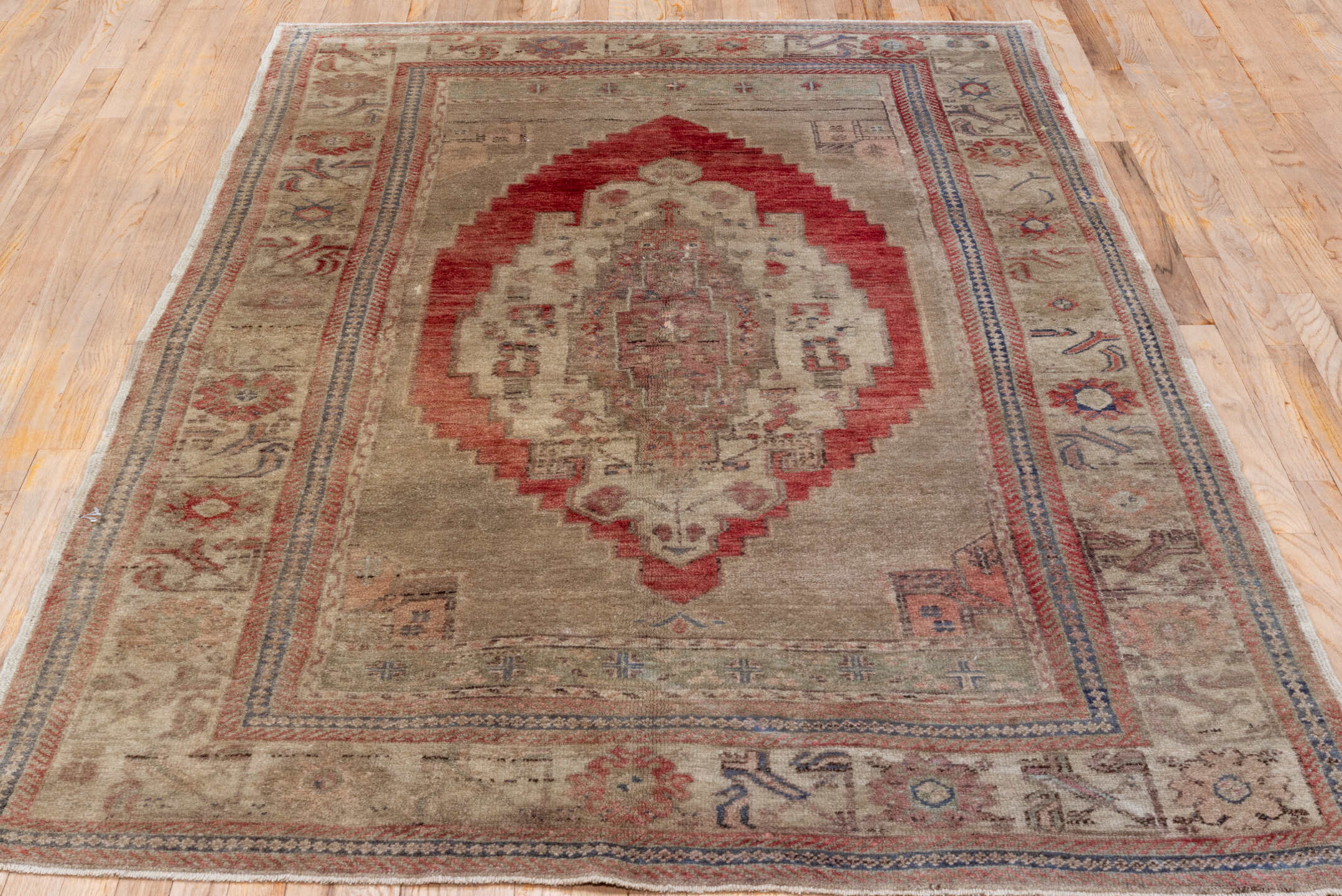5' x 8' one-of-a-kind handmade vintage Oushak medium size rug. Color palette: taupe, ivory, coral, rose, slate, beige, gray
