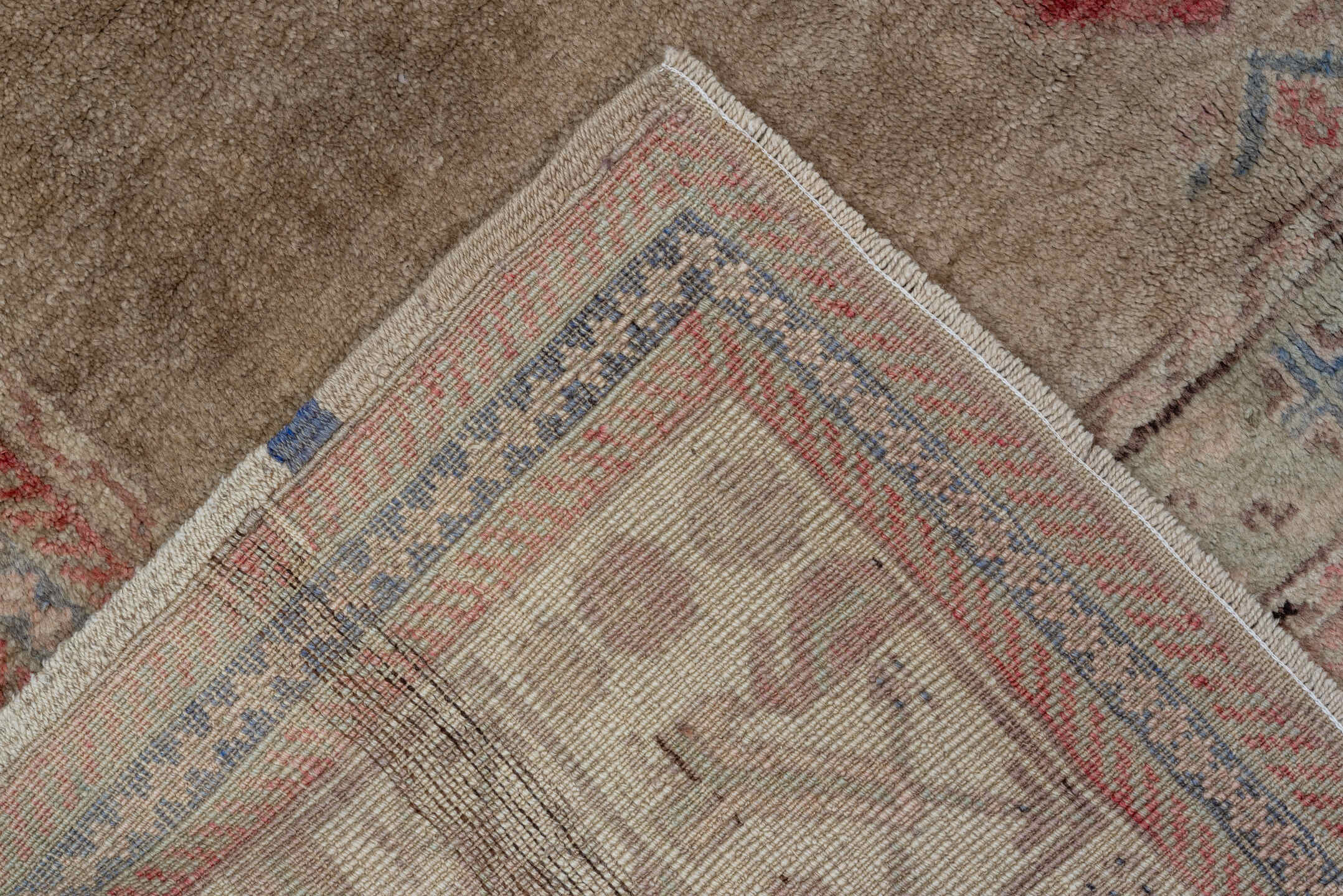 5' x 8' one-of-a-kind handmade vintage Oushak medium size rug. Color palette: taupe, ivory, coral, rose, slate, beige, gray