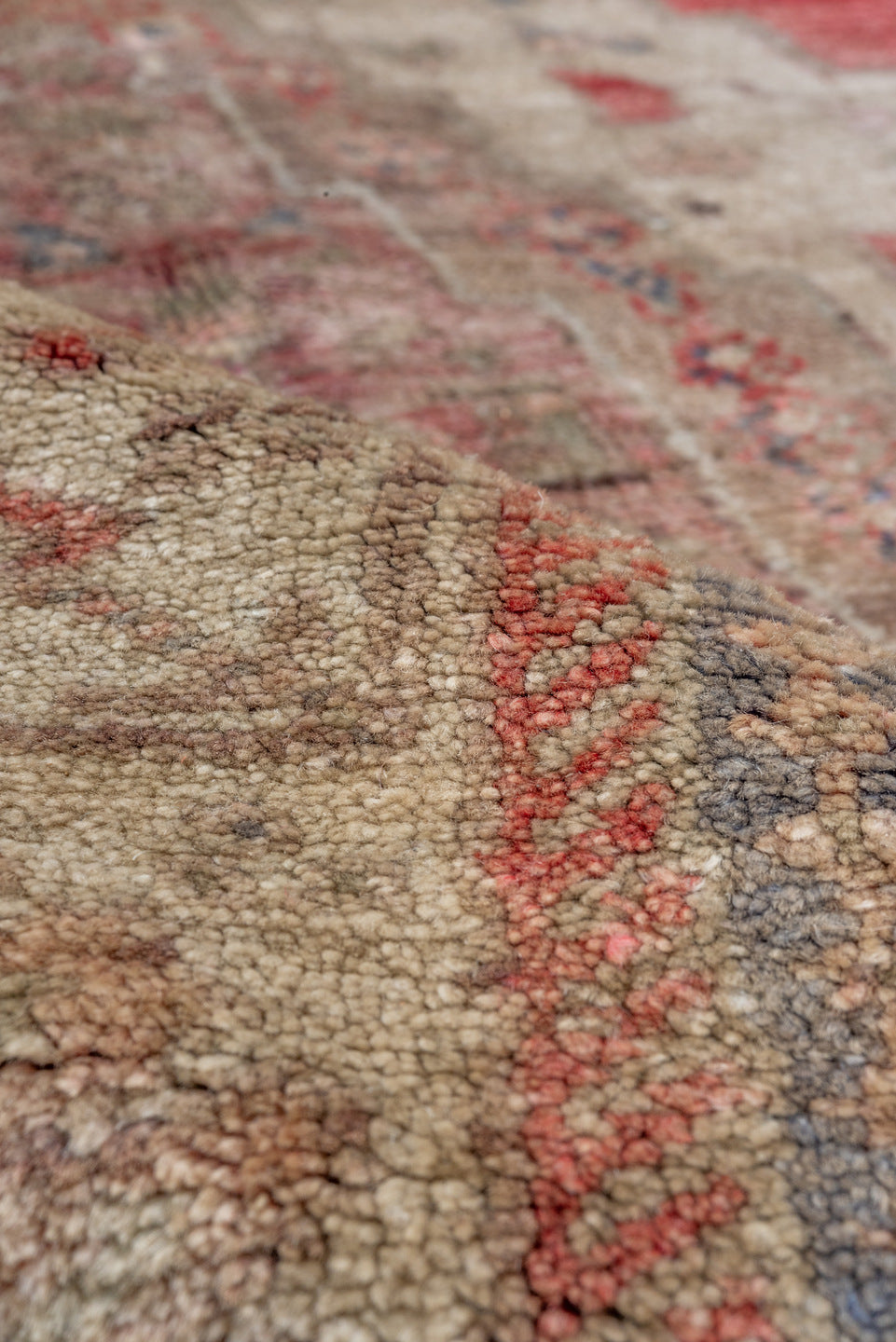 5' x 8' one-of-a-kind handmade vintage Oushak medium size rug. Color palette: taupe, ivory, coral, rose, slate, beige, gray