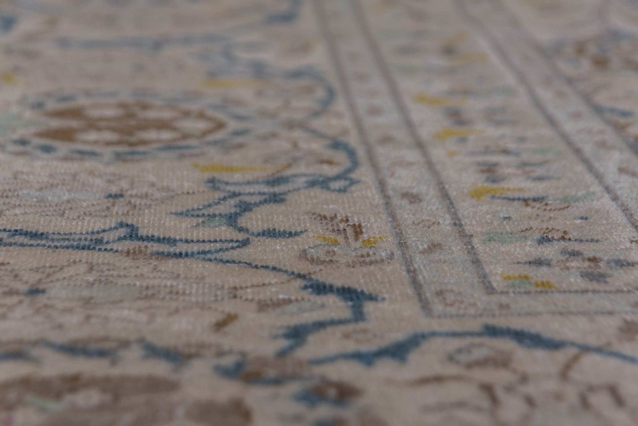 9' x 13' one-of-a-kind handmade vintage Kashan large size rug. Color palette: ivory, taupe, sky_blue, brown, beige, slate