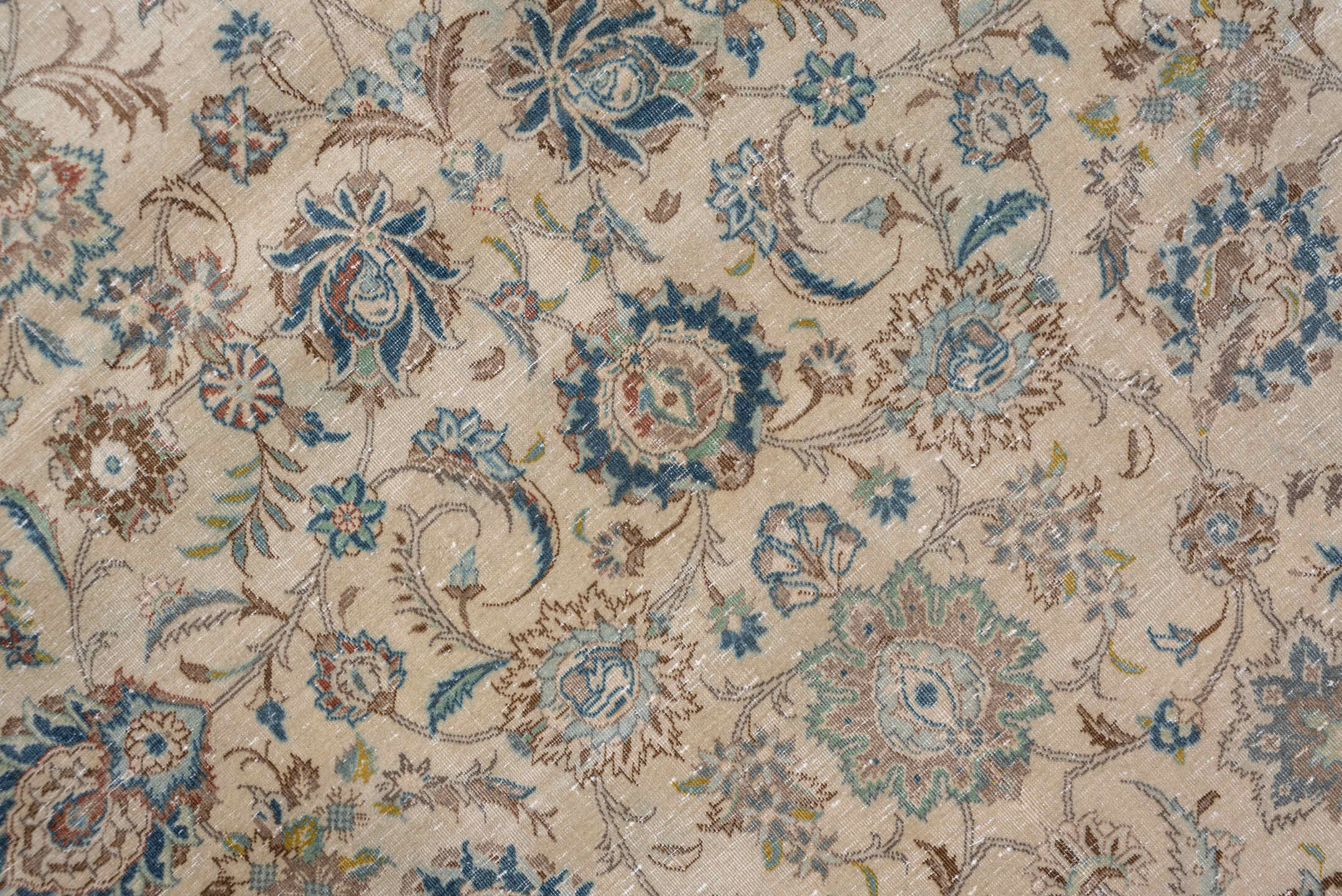 9' x 13' one-of-a-kind handmade vintage Kashan large size rug. Color palette: ivory, taupe, sky_blue, brown, beige, slate