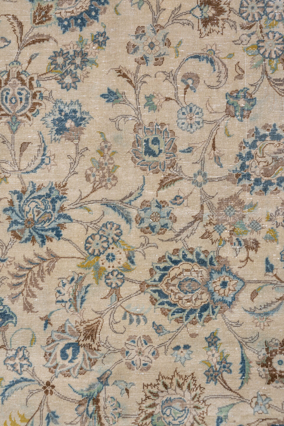 9' x 13' one-of-a-kind handmade vintage Kashan large size rug. Color palette: ivory, taupe, sky_blue, brown, beige, slate