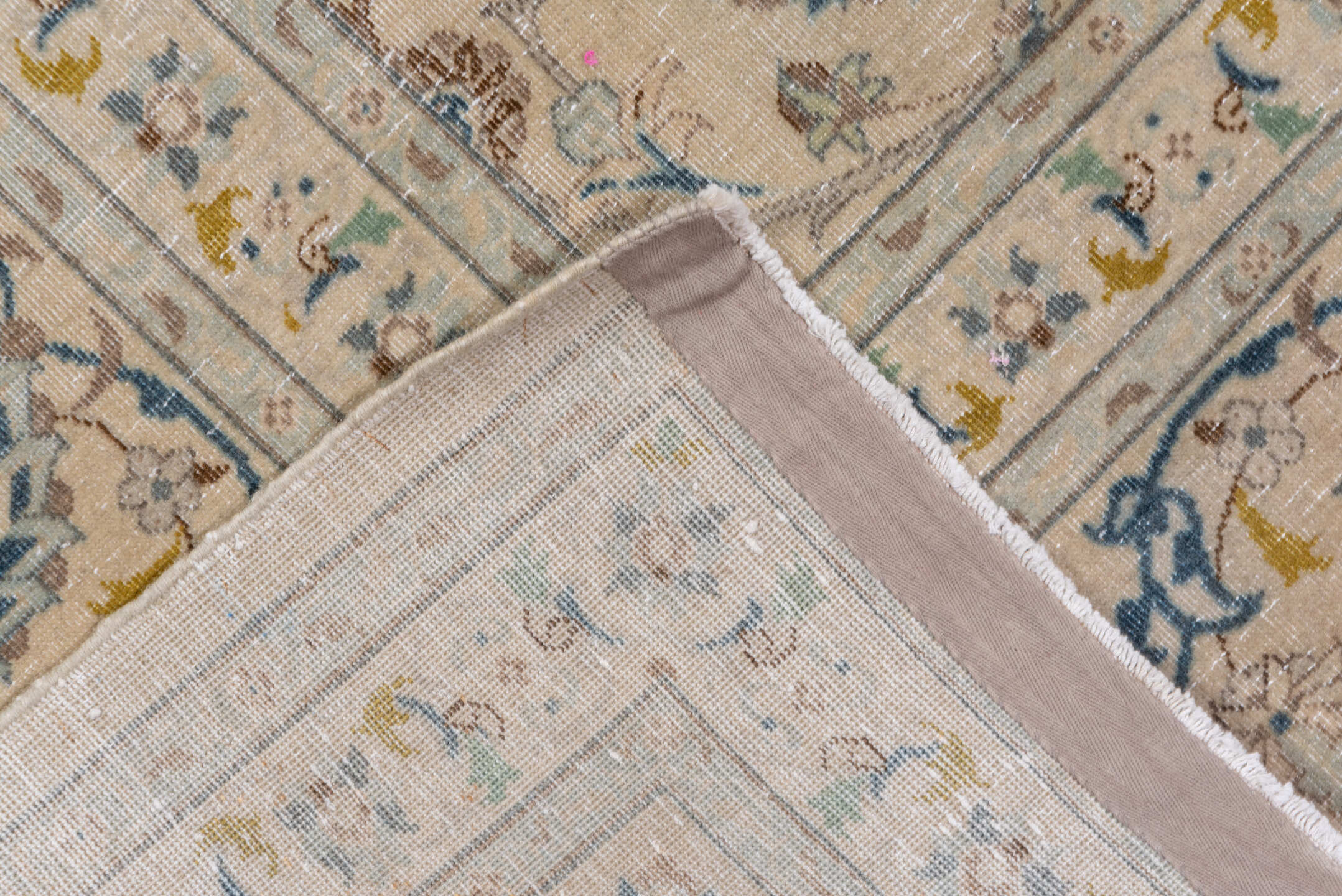 9' x 13' one-of-a-kind handmade vintage Kashan large size rug. Color palette: ivory, taupe, sky_blue, brown, beige, slate