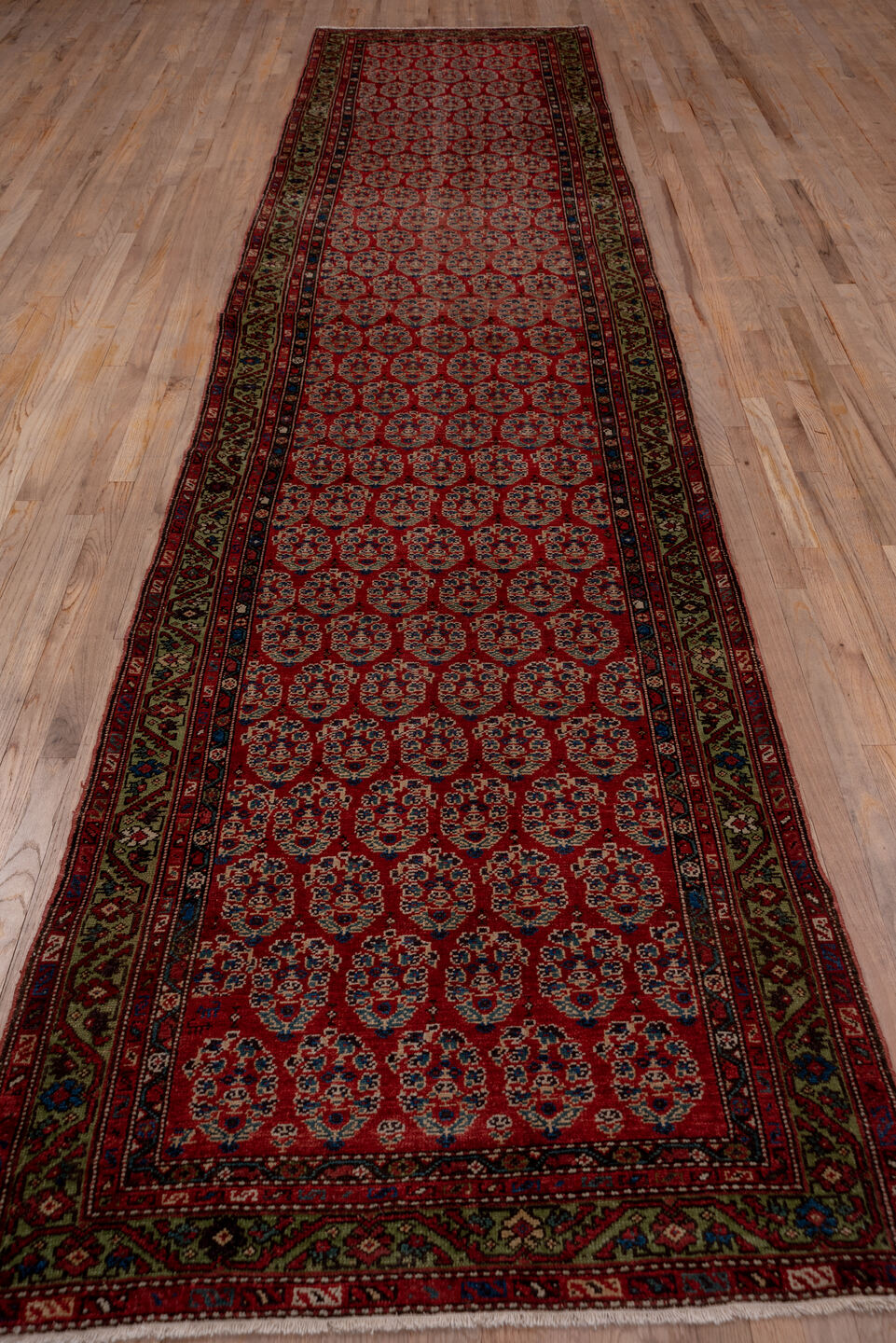 3' x 15' one-of-a-kind handmade vintage Malayer runner rug. Color palette: brown, gray, pink, red