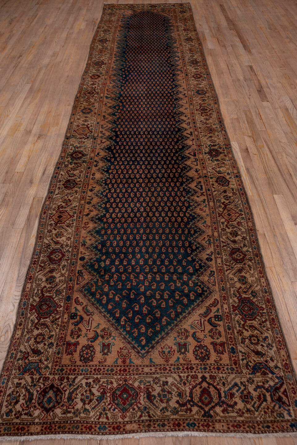 3' x 16' one-of-a-kind handmade antique Malayer runner rug. Color palette: navy, ivory, rust, camel, indigo, burgundy, taupe
