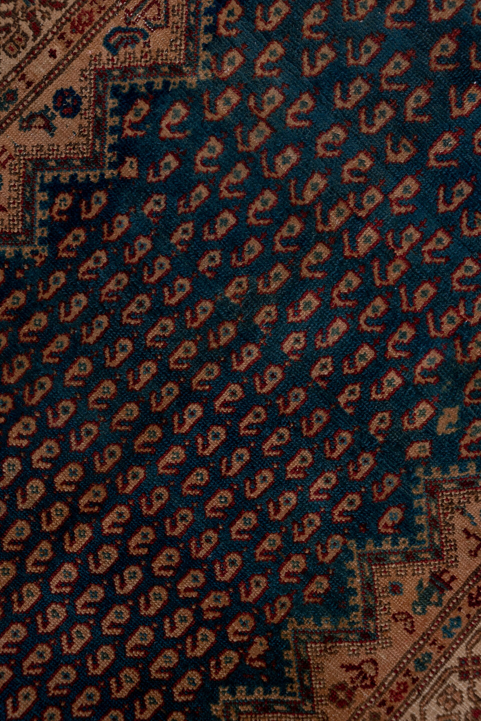 3' x 16' one-of-a-kind handmade vintage Malayer runner rug. Color palette: blue, brown, dim gray, gray, off-white, pink