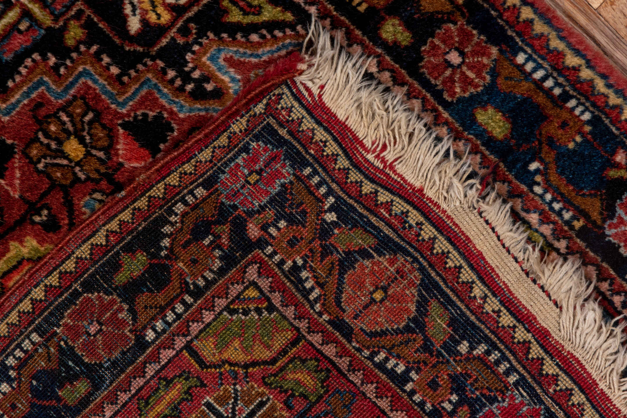 2' x 3' one-of-a-kind handmade vintage Jozan small size rug. Color palette: navy, rust, rose, ivory, sky blue, burgundy