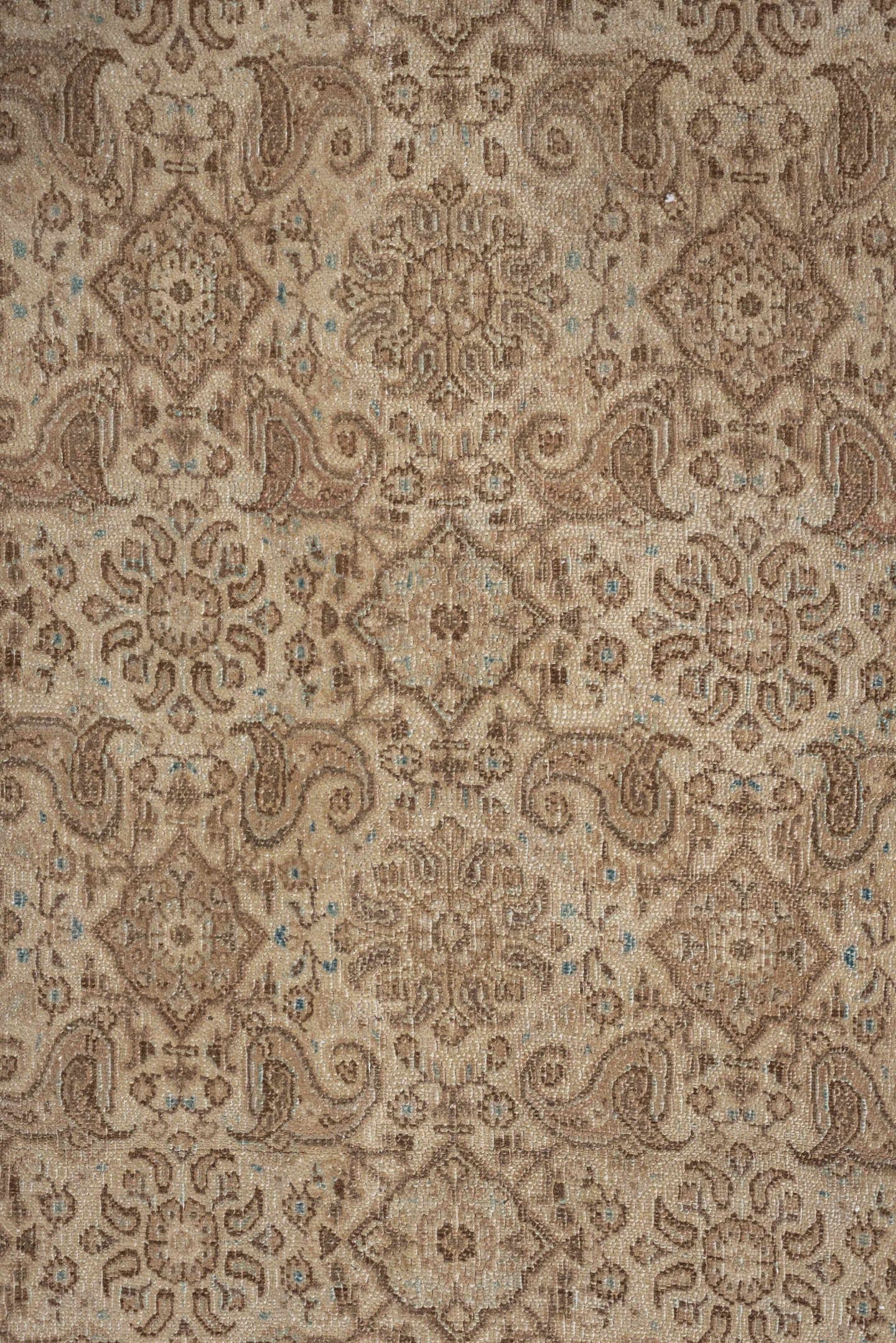 8' x 9' one-of-a-kind handmade vintage Kazvin large size rug. Color palette: beige, taupe, camel, ivory, light blue, brown