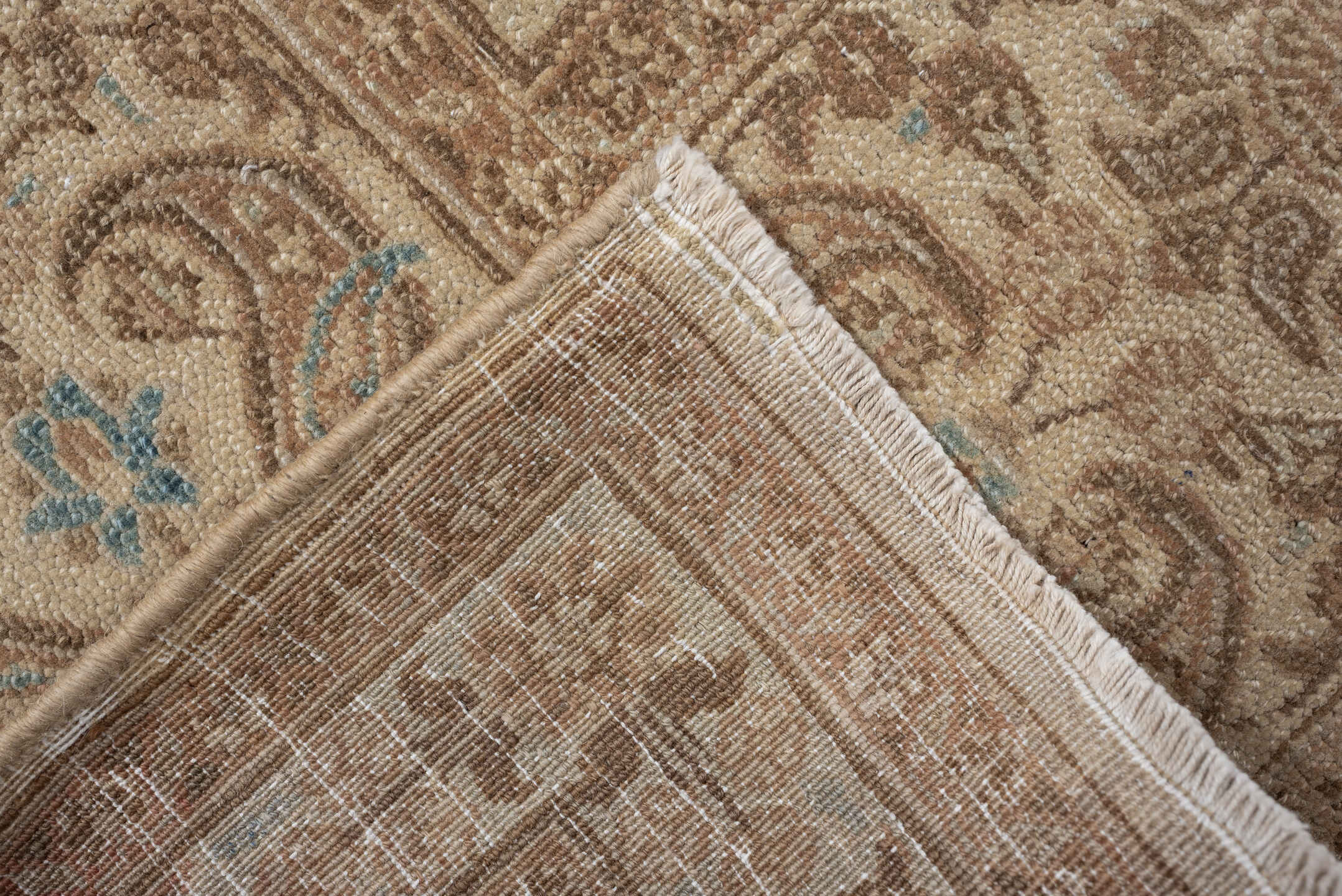 8' x 9' one-of-a-kind handmade vintage Kazvin large size rug. Color palette: beige, taupe, camel, ivory, light blue, brown