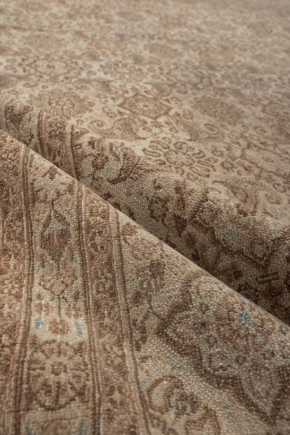 8' x 9' one-of-a-kind handmade vintage Kazvin large size rug. Color palette: taupe, ivory, beige, camel, pale blue, sand
