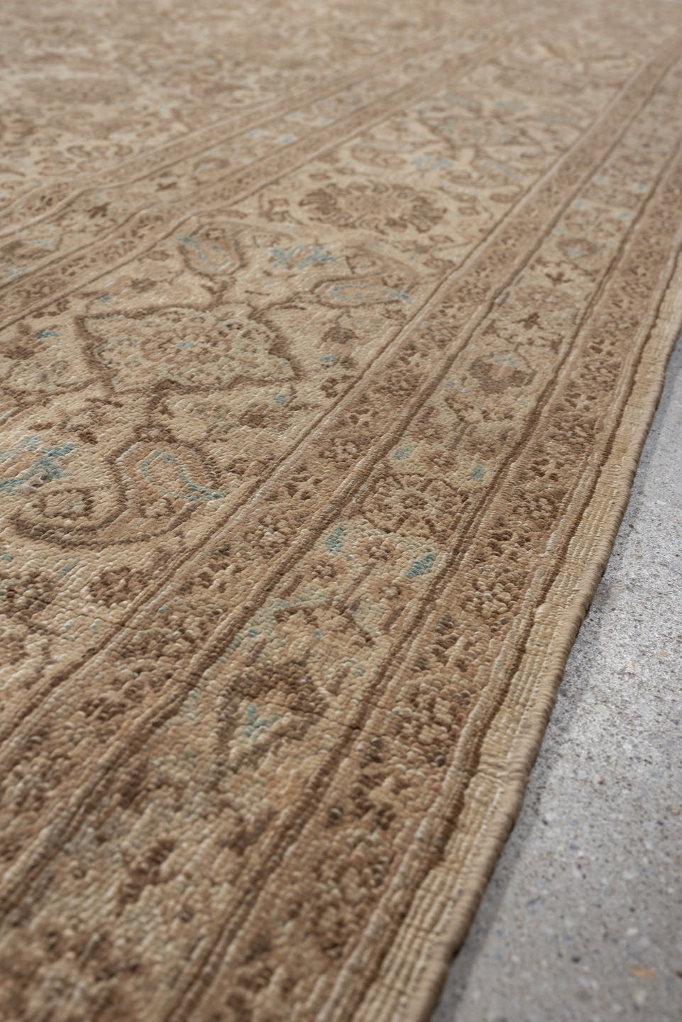 8' x 9' one-of-a-kind handmade vintage Kazvin large size rug. Color palette: beige, taupe, camel, ivory, light blue, brown