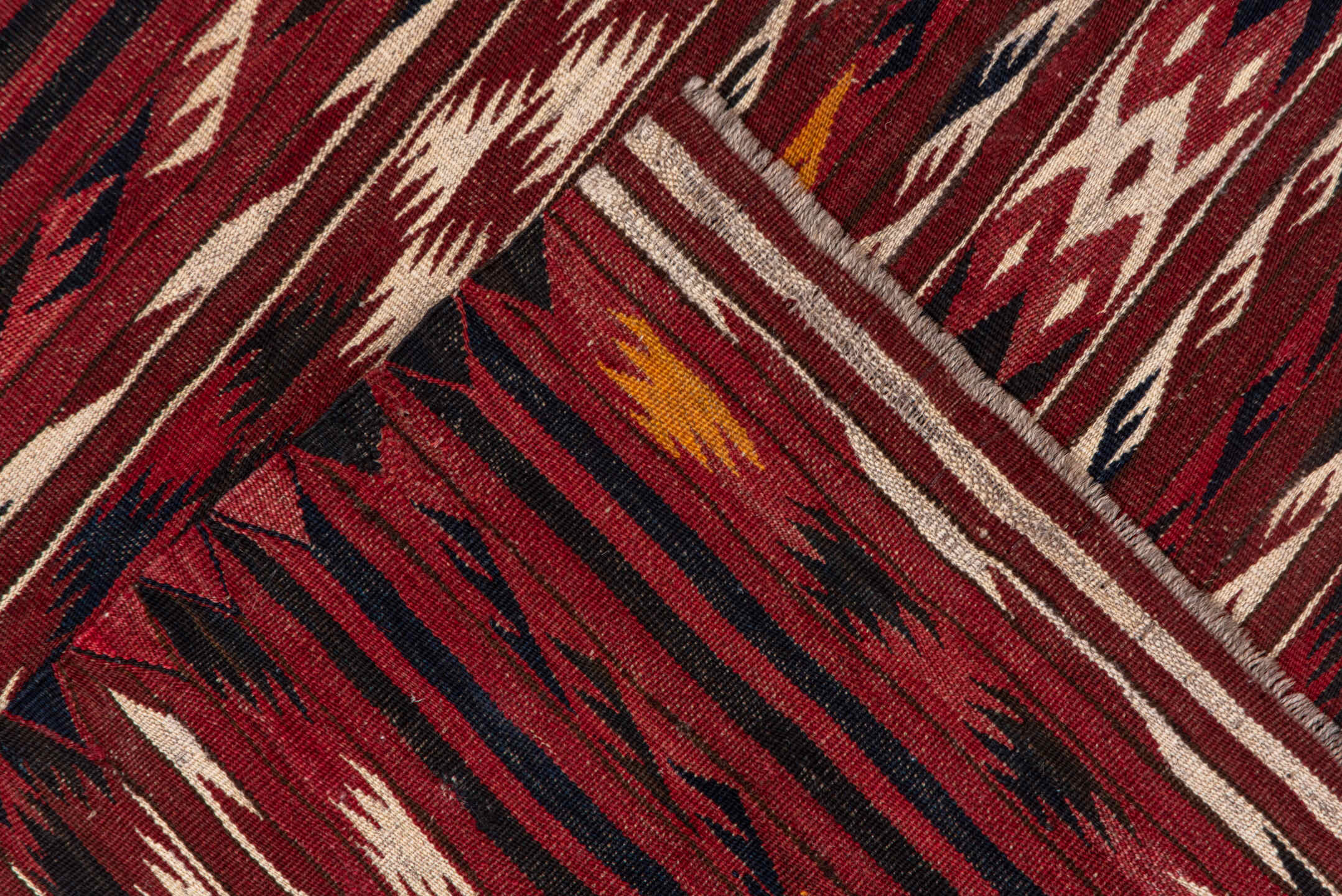 4' x 9' one-of-a-kind handmade vintage Kilim runner rug. Color palette: rust, burgundy, ivory, charcoal, gold, mahogany