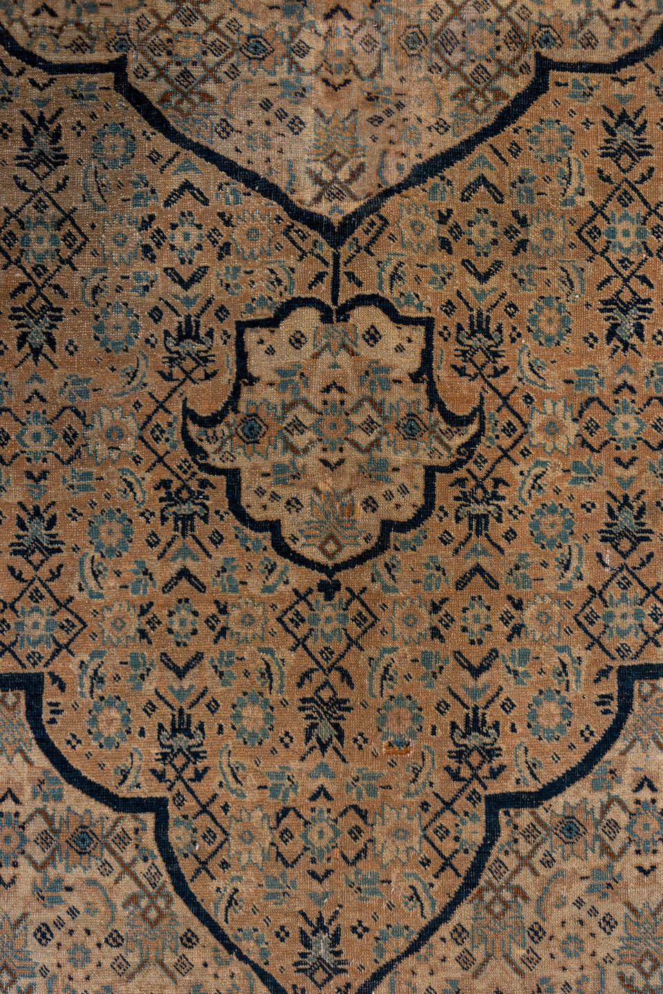 9' x 12' one-of-a-kind handmade antique Tabriz large size rug. Color palette: camel, ivory, navy, taupe, slate, sand, beige