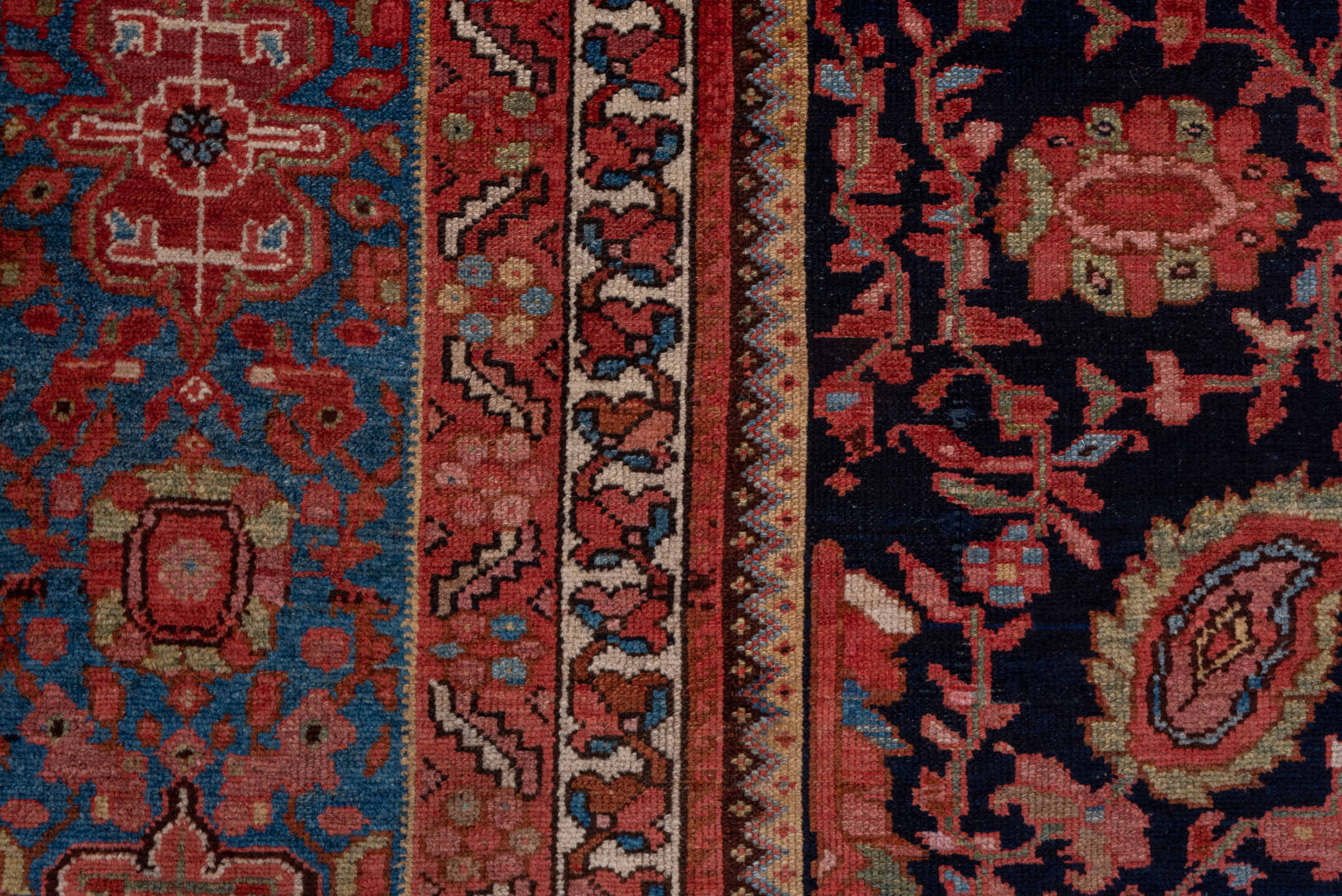 13' x 20' one-of-a-kind handmade vintage Malayer oversize rug. Color palette: indigo, sky blue, rust, coral, ivory, rose