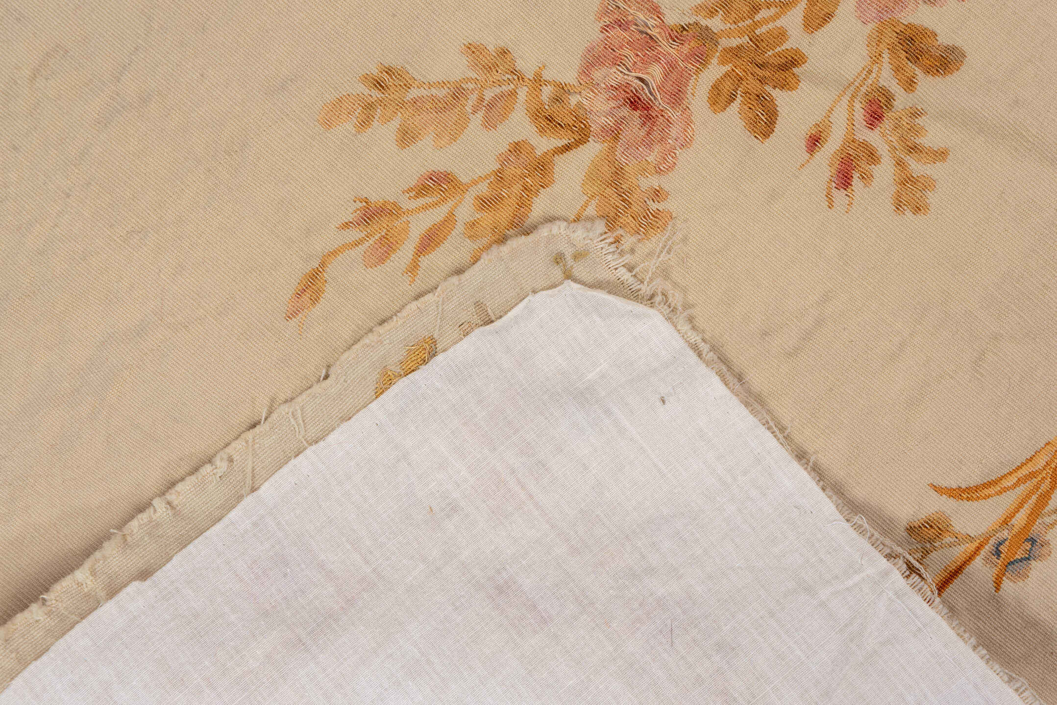 2' x 5' one-of-a-kind handmade vintage Aubusson small size rug. Color palette: brown, burlywood, off-white, orange, peru