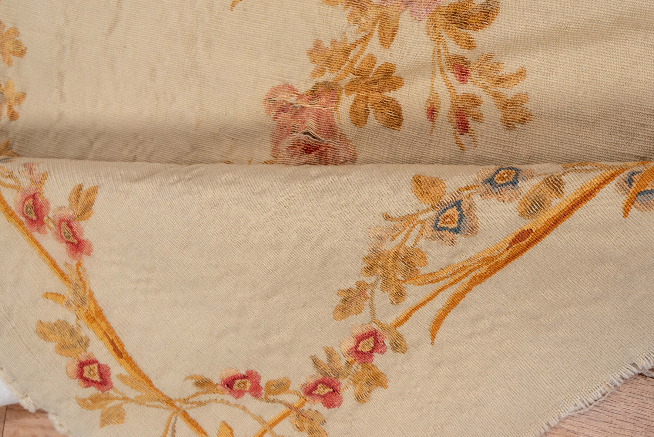 2' x 5' one-of-a-kind handmade vintage Aubusson small size rug. Color palette: ivory, gold, cream, rose, taupe, pale_blue