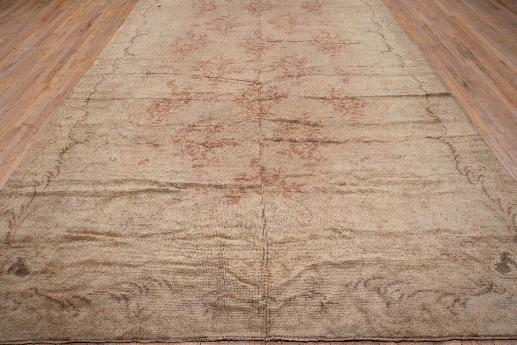 8' x 17' one-of-a-kind handmade antique Savonnerie rug. Color palette: beige, blush, rose, taupe, ivory, dusty pink, pink