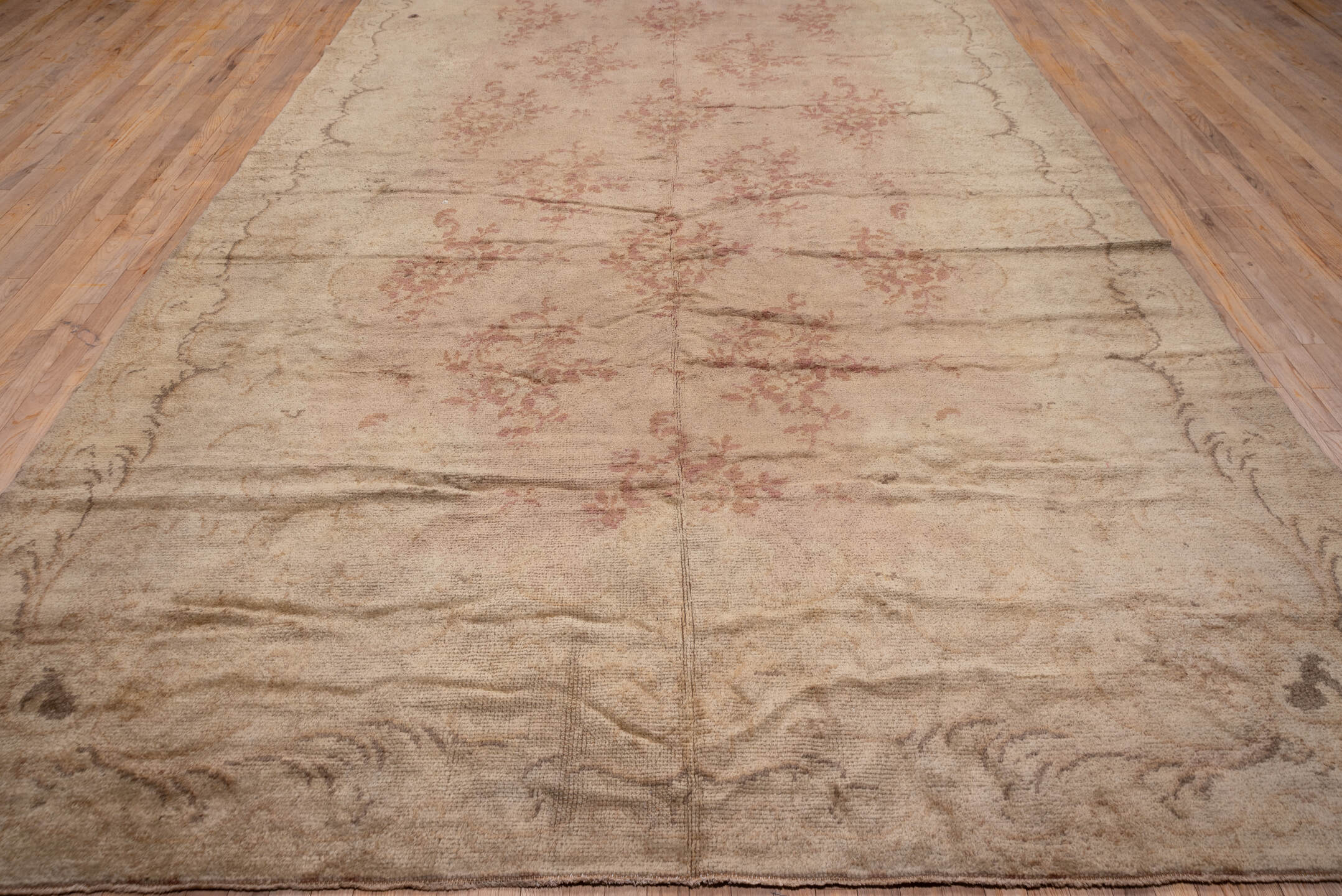 8' x 17' one-of-a-kind handmade vintage Savonnerie rug. Color palette: brown, gray, off-white, pink, red, snow, white
