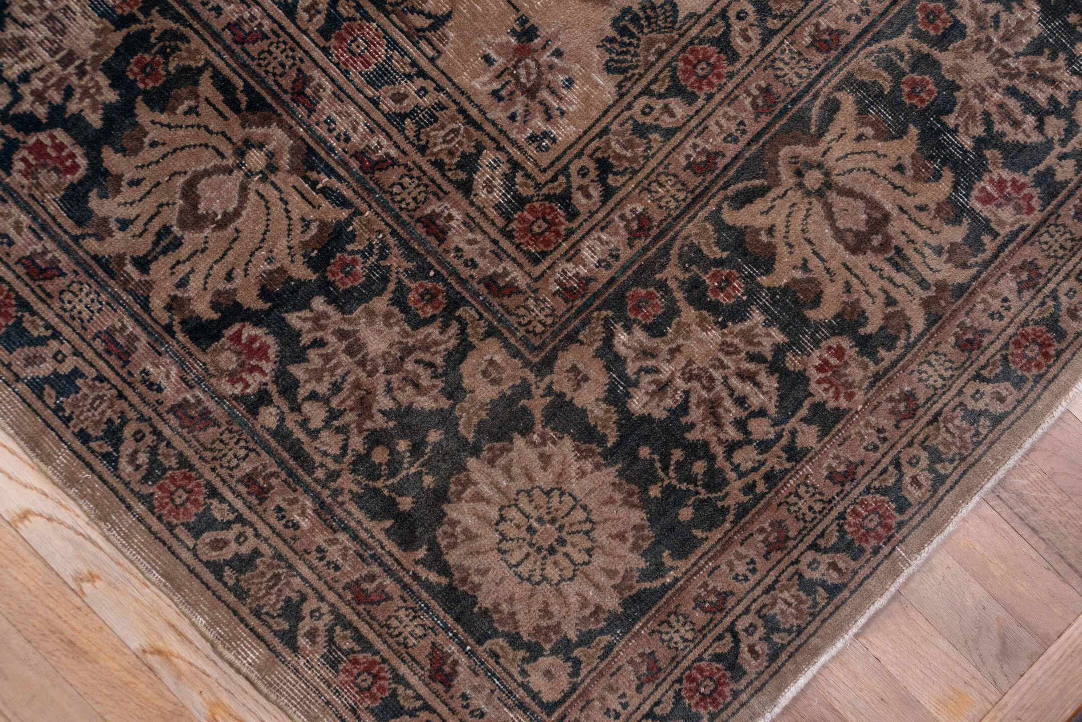 9' x 15' one-of-a-kind handmade antique Sparta rug. Color palette: taupe, navy, ivory, rose, slate, terra cotta, camel