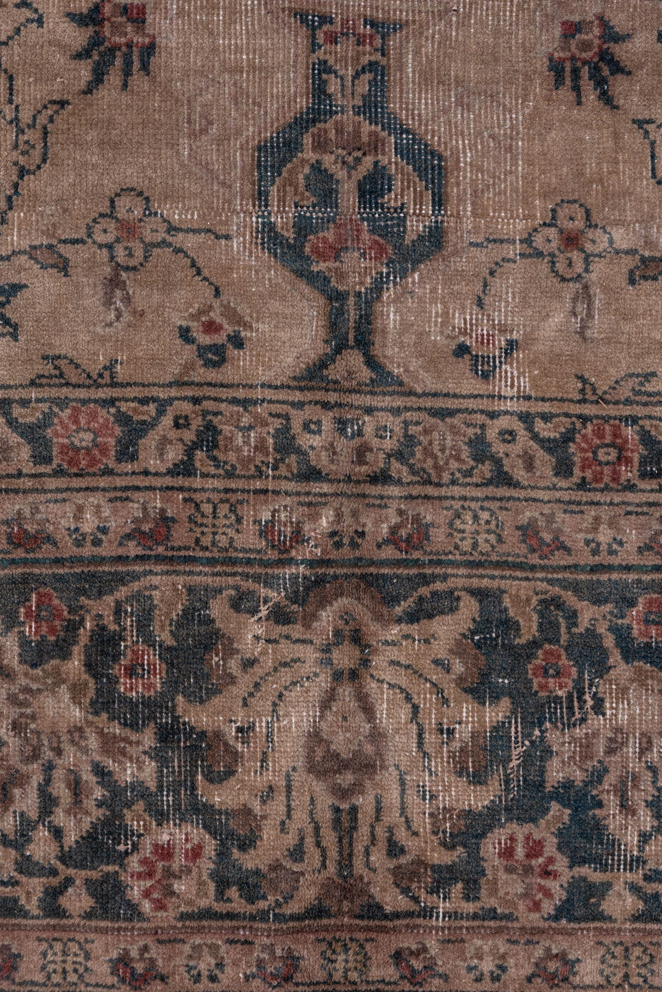 9' x 15' one-of-a-kind handmade antique Sparta rug. Color palette: taupe, navy, ivory, rose, slate, terra cotta, camel