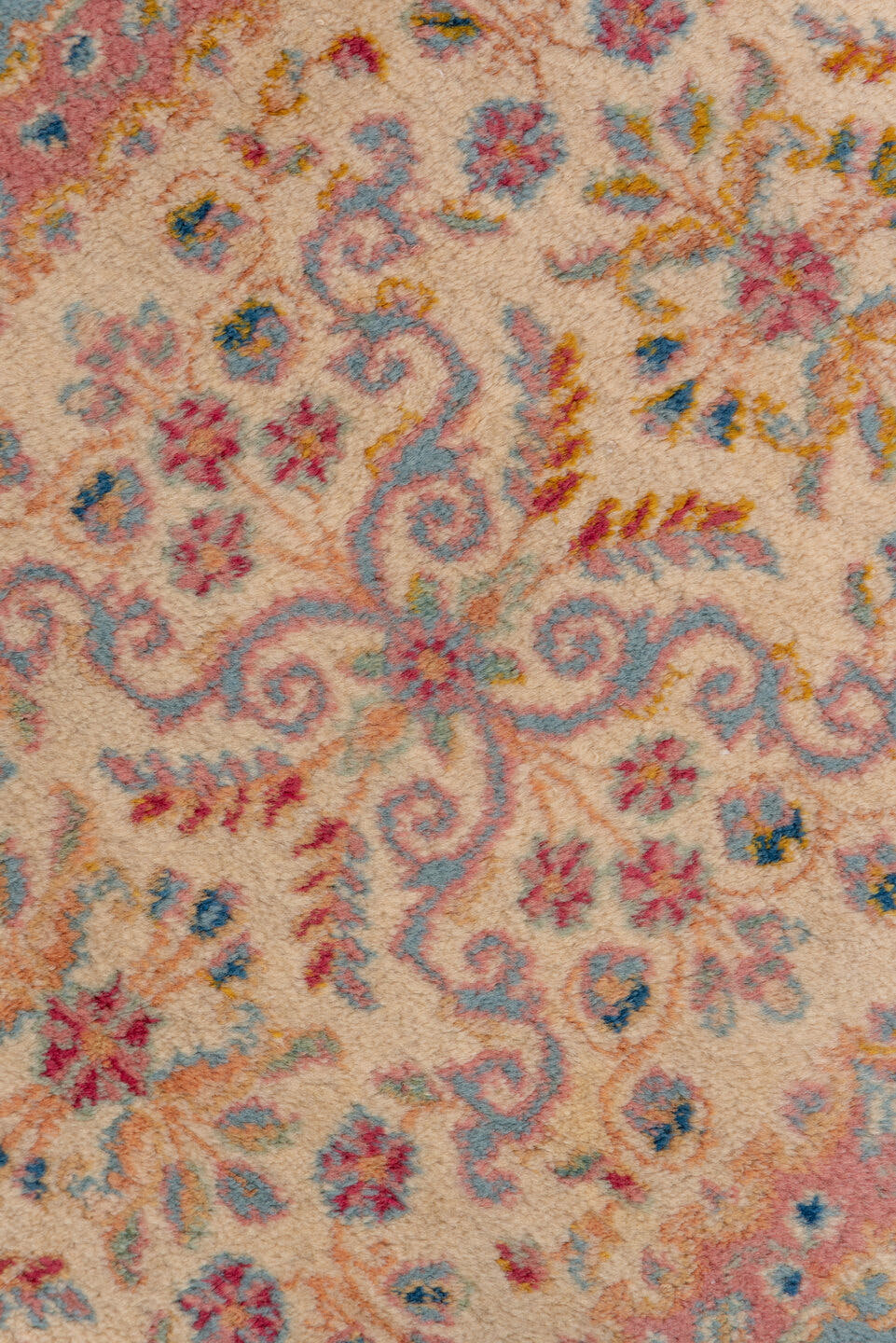 2' x 20' one-of-a-kind handmade vintage Kerman runner rug. Color palette: ivory, blue, rust, rose, gold, taupe, terracotta