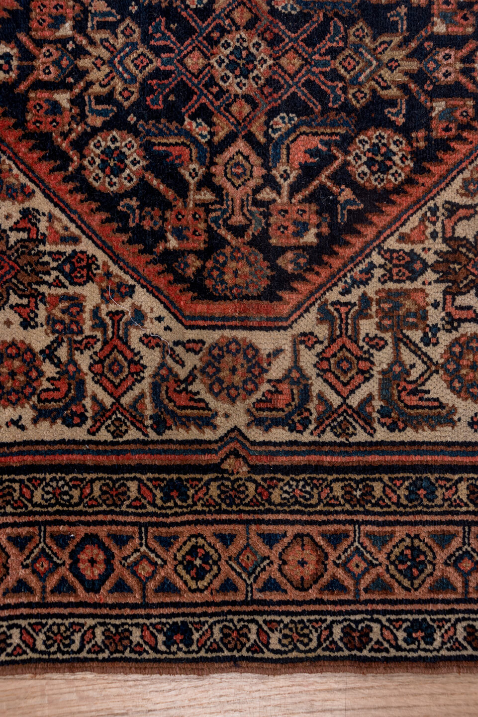 3' x 14' one-of-a-kind handmade antique Bibikabad runner rug. Color palette: ivory, navy, rust, terracotta, camel, burgundy
