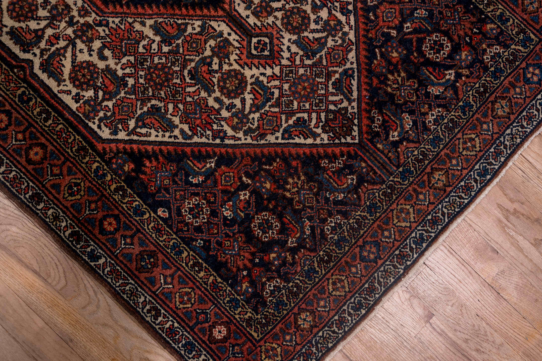 3' x 14' one-of-a-kind handmade antique Bibikabad runner rug. Color palette: ivory, navy, rust, terracotta, camel, burgundy