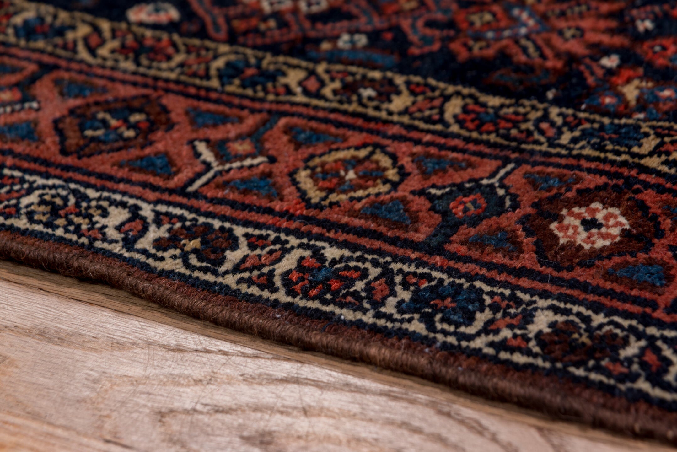 3' x 14' one-of-a-kind handmade antique Bibikabad runner rug. Color palette: ivory, navy, rust, terracotta, camel, burgundy