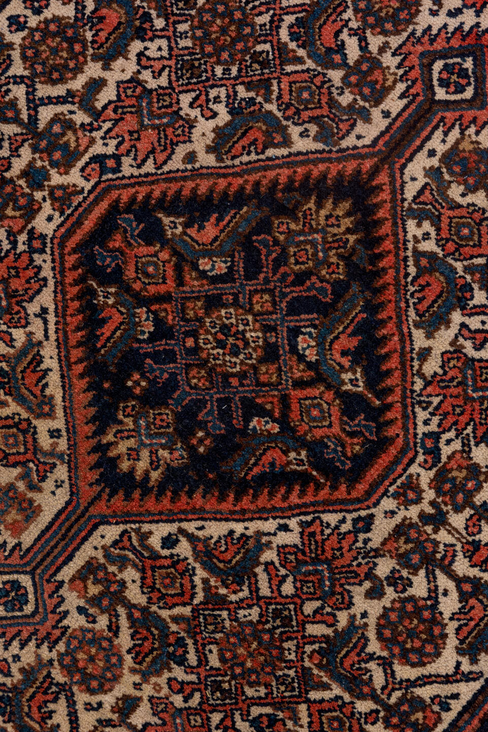 3' x 14' one-of-a-kind handmade antique Bibikabad runner rug. Color palette: ivory, navy, rust, terracotta, camel, burgundy