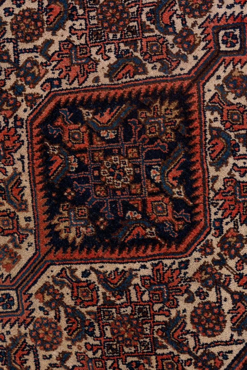 3' x 14' one-of-a-kind handmade antique Bibikabad runner rug. Color palette: ivory, navy, rust, terracotta, camel, burgundy