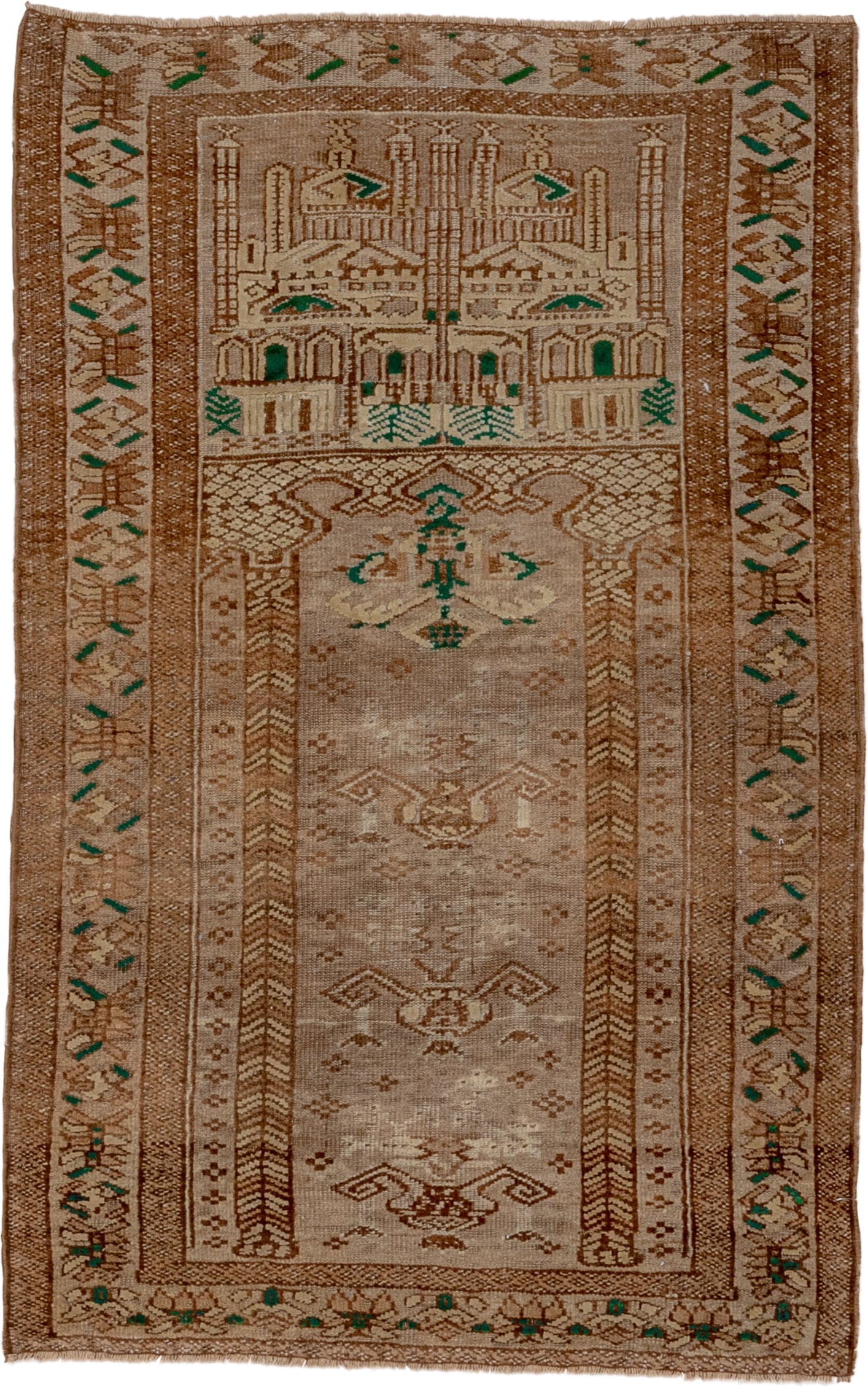 2' x 4' one-of-a-kind handmade vintage Belouch small size rug. Color palette: taupe, camel, brown, ivory, sage, beige, gray