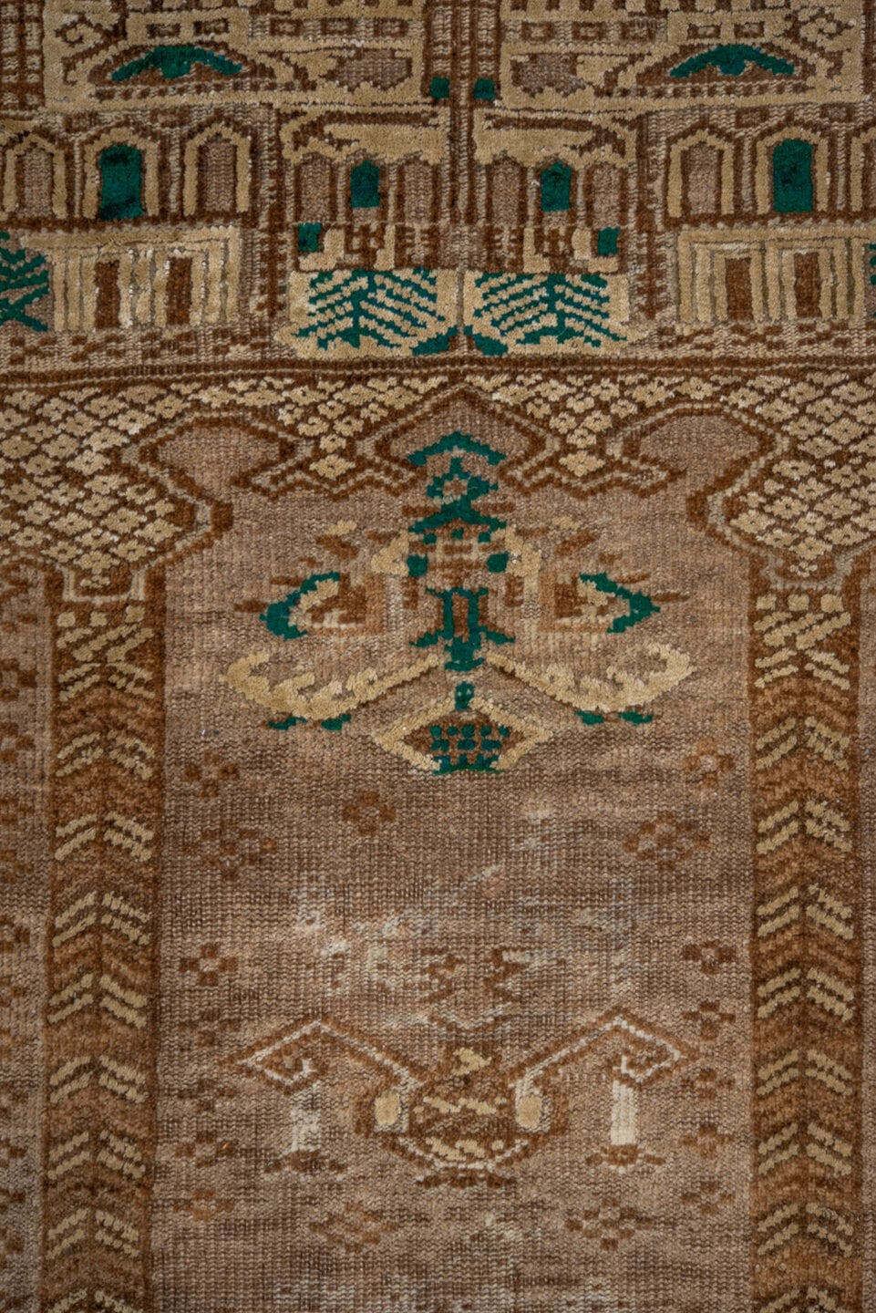 2' x 4' one-of-a-kind handmade vintage Belouch small size rug. Color palette: taupe, camel, brown, ivory, sage, beige, gray
