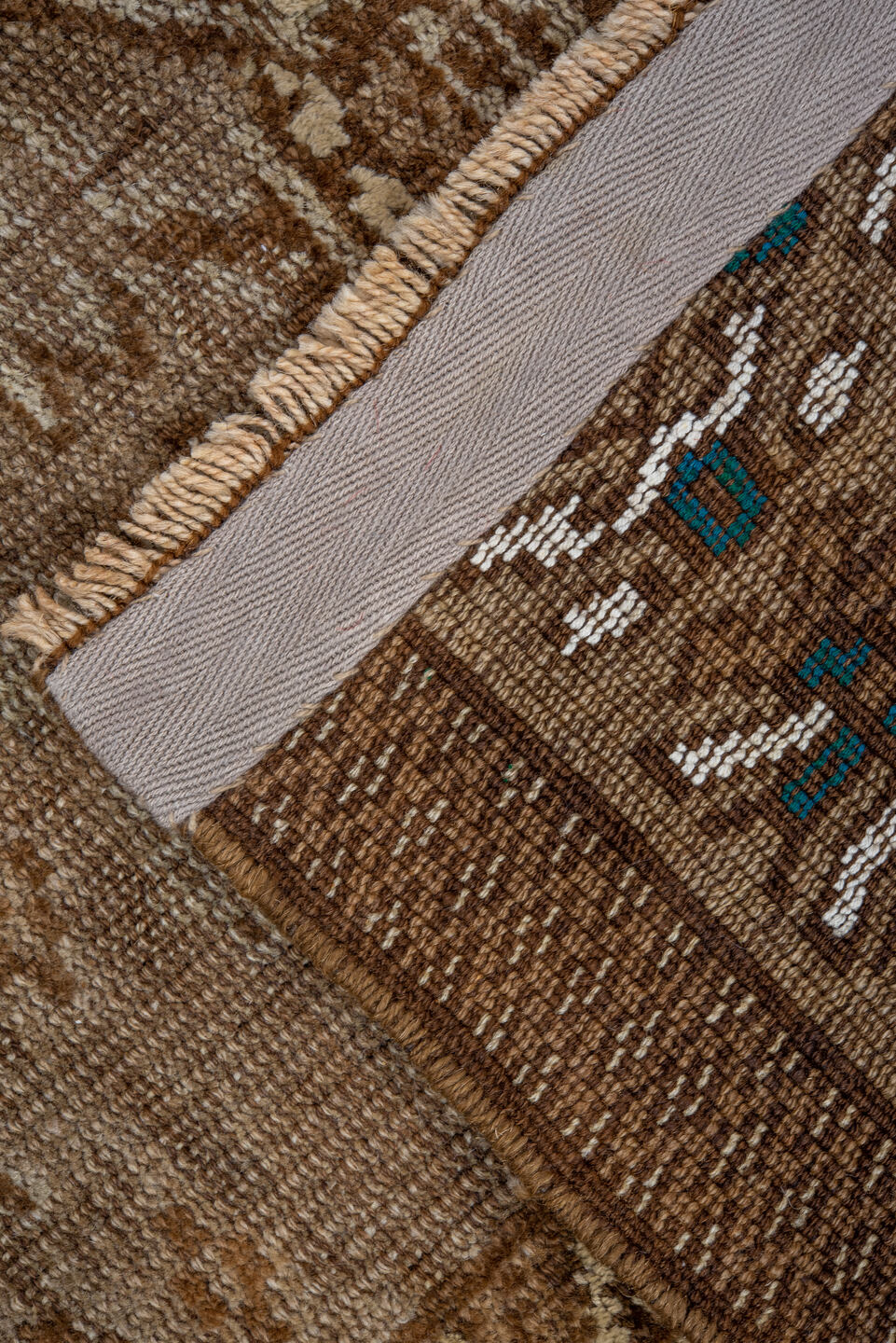 2' x 4' one-of-a-kind handmade vintage Belouch small size rug. Color palette: taupe, camel, brown, ivory, sage, beige, gray