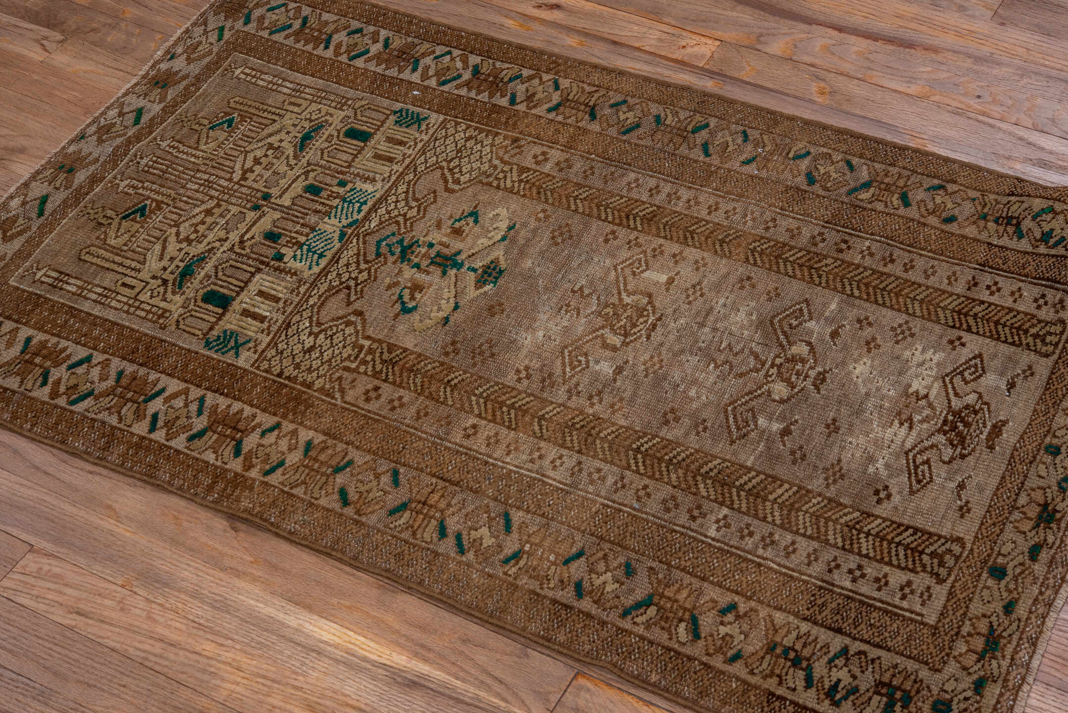 2' x 4' one-of-a-kind handmade vintage Belouch small size rug. Color palette: taupe, camel, brown, ivory, sage, beige, gray