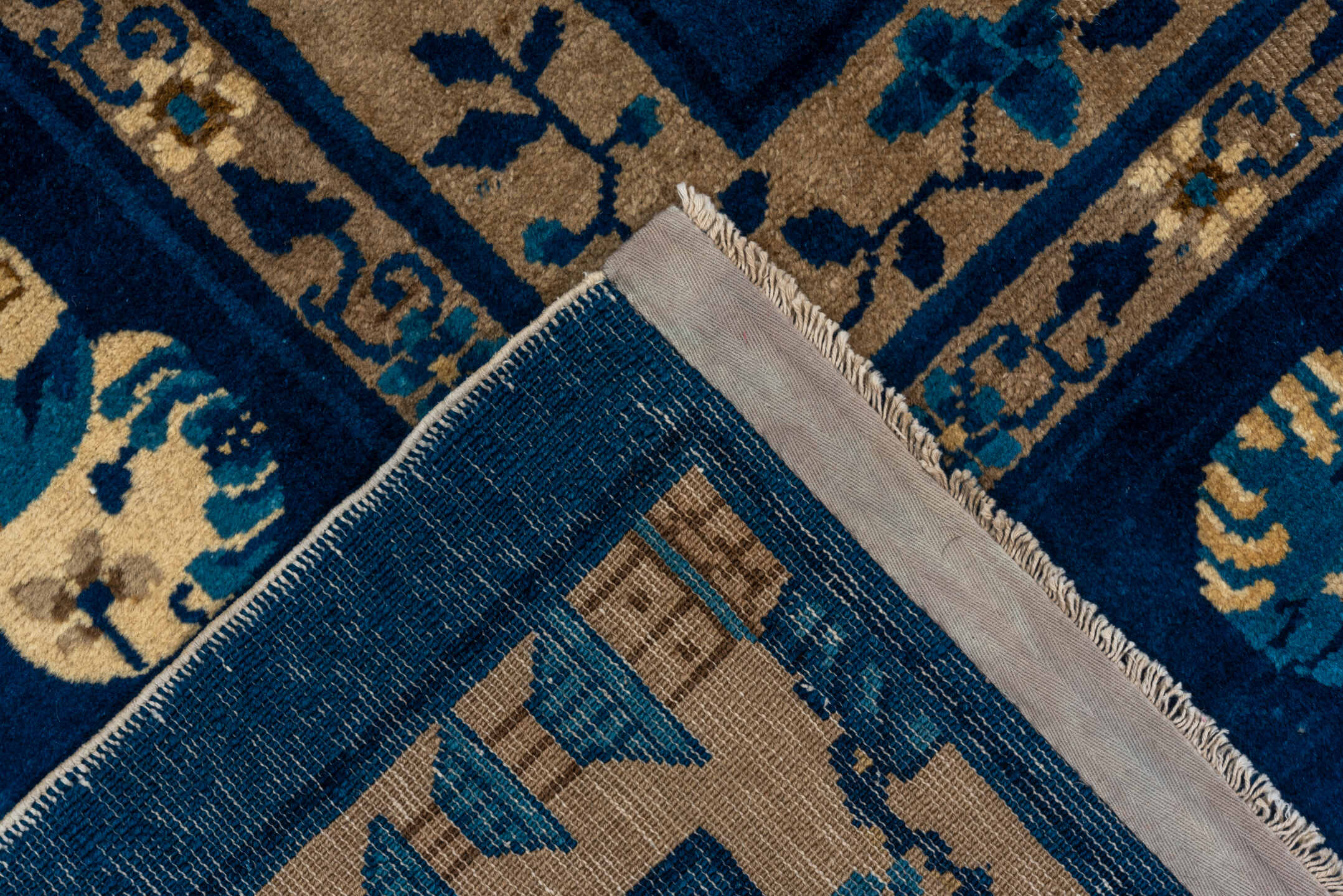 9' x 12' one-of-a-kind handmade vintage Chinese large size rug. Color palette: blue, brown, gray, tan