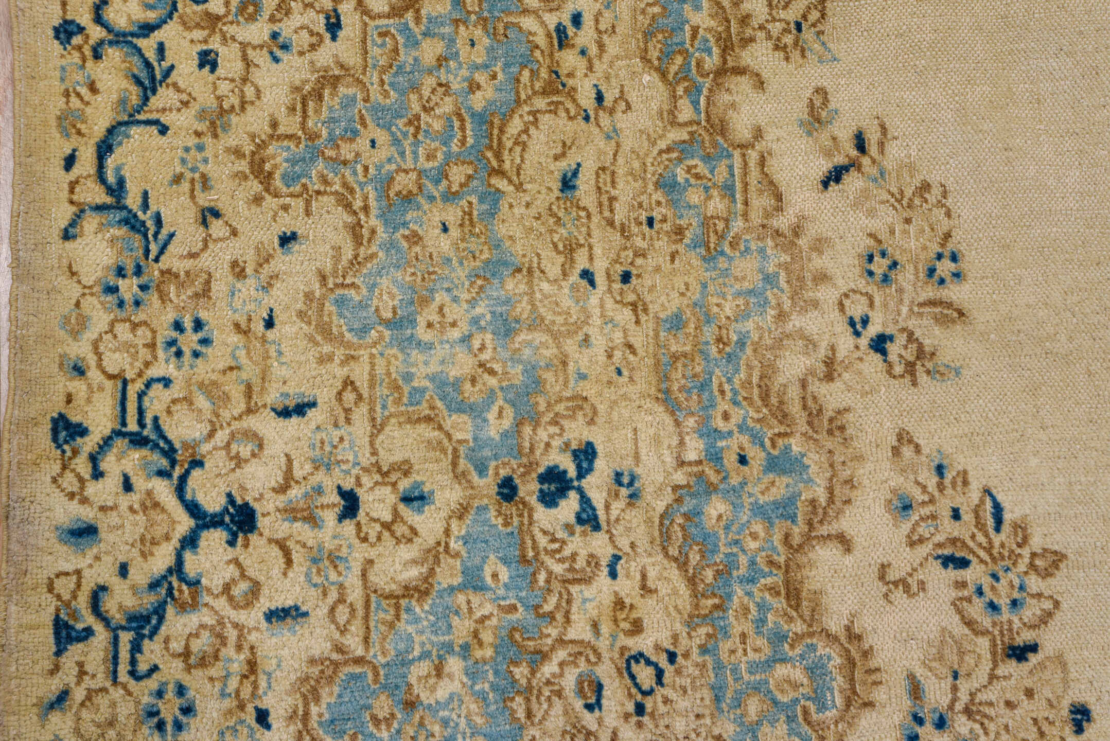 10' x 15' one-of-a-kind handmade antique Kazvin rug. Color palette: ivory, aqua, beige, navy, camel, taupe, teal, blue, gray