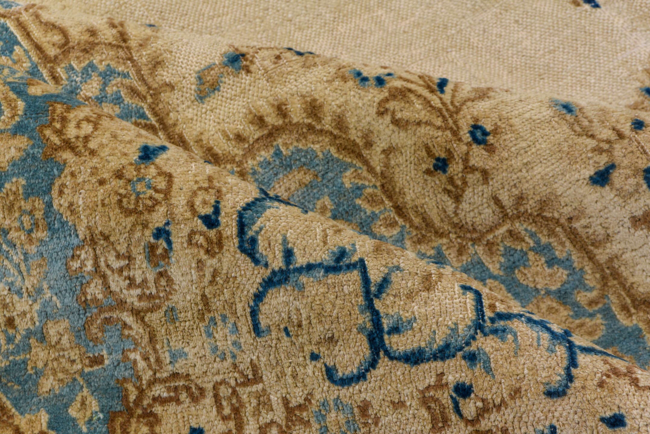 10' x 15' one-of-a-kind handmade antique Kazvin rug. Color palette: ivory, aqua, beige, navy, camel, taupe, teal, blue, gray