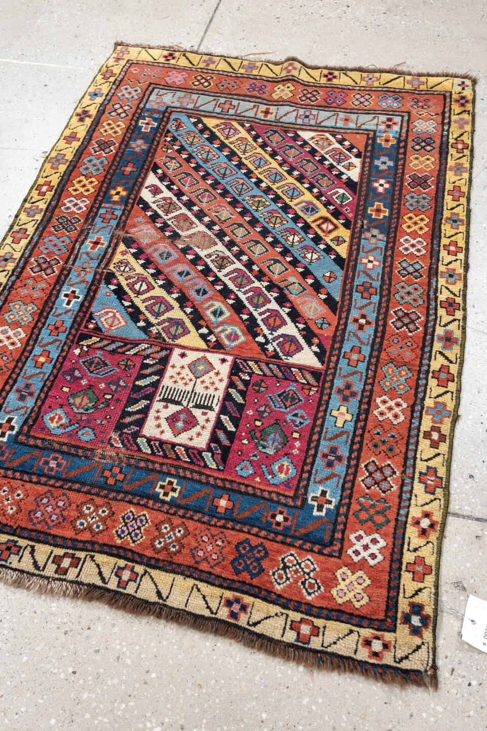 2' x 4' one-of-a-kind handmade vintage Karabagh small size rug. Color palette: terracotta, ivory, sky blue, navy, magenta