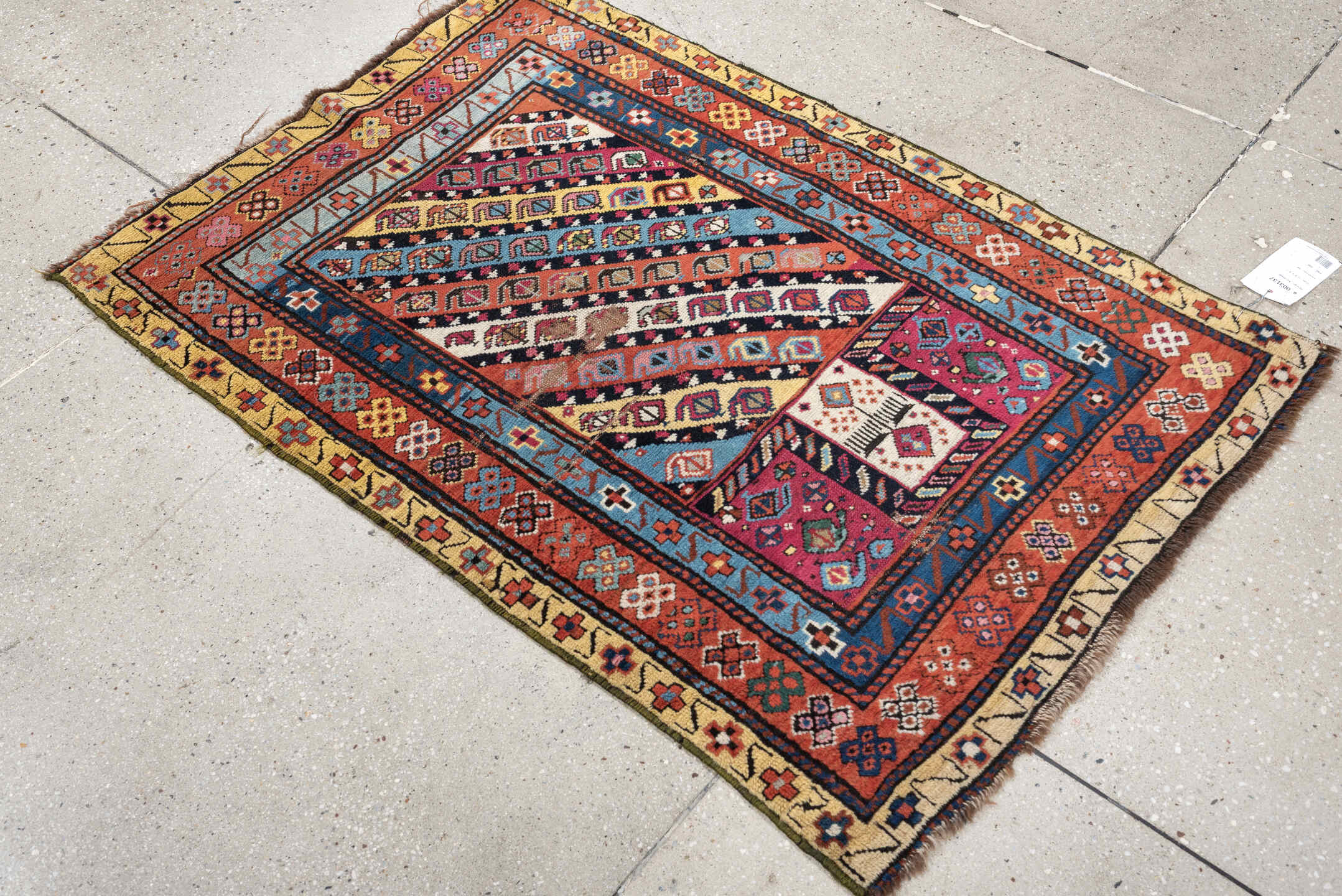 2' x 4' one-of-a-kind handmade vintage Karabagh small size rug. Color palette: terracotta, ivory, sky blue, navy, magenta
