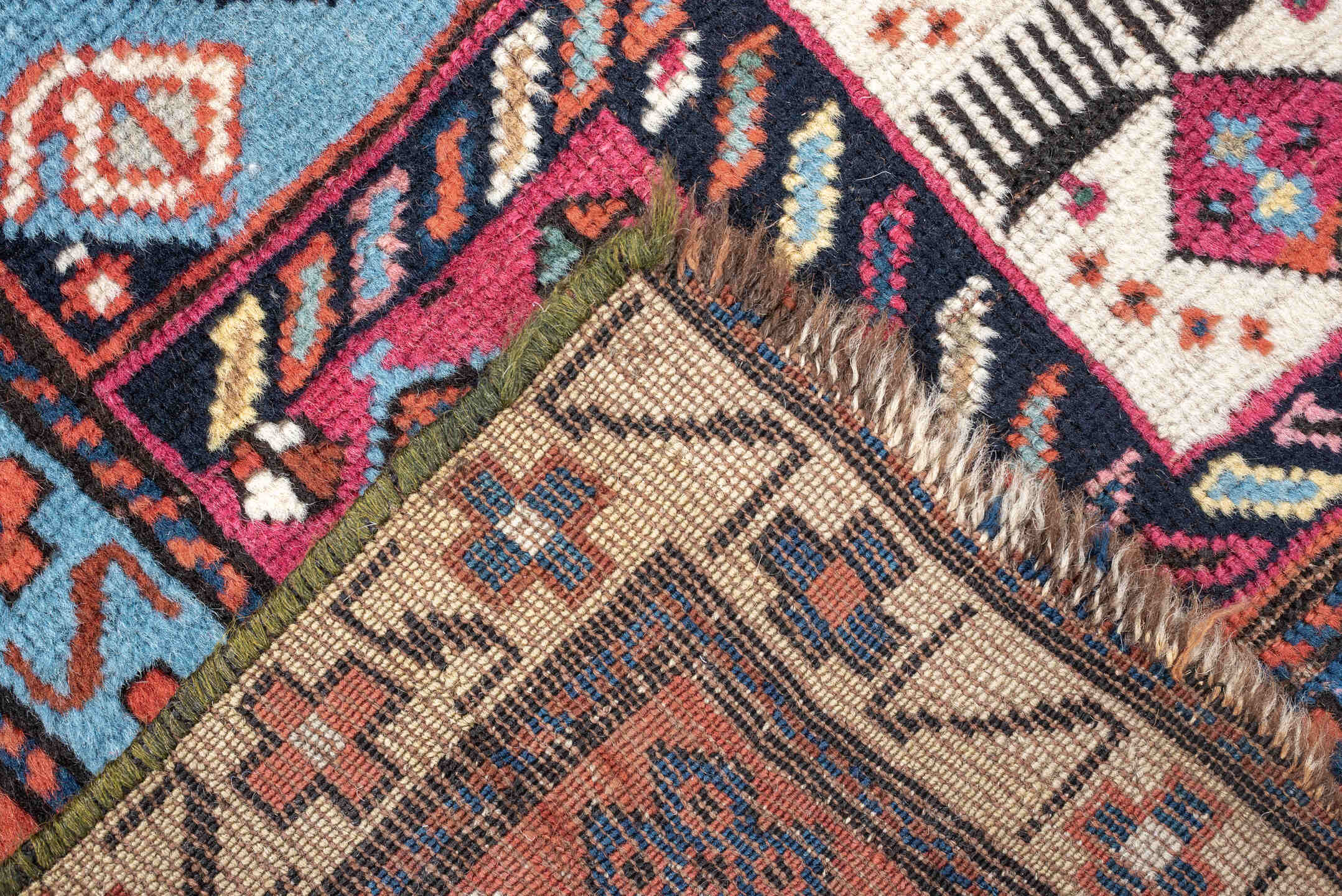 2' x 4' one-of-a-kind handmade vintage Karabagh small size rug. Color palette: terracotta, ivory, sky blue, navy, magenta